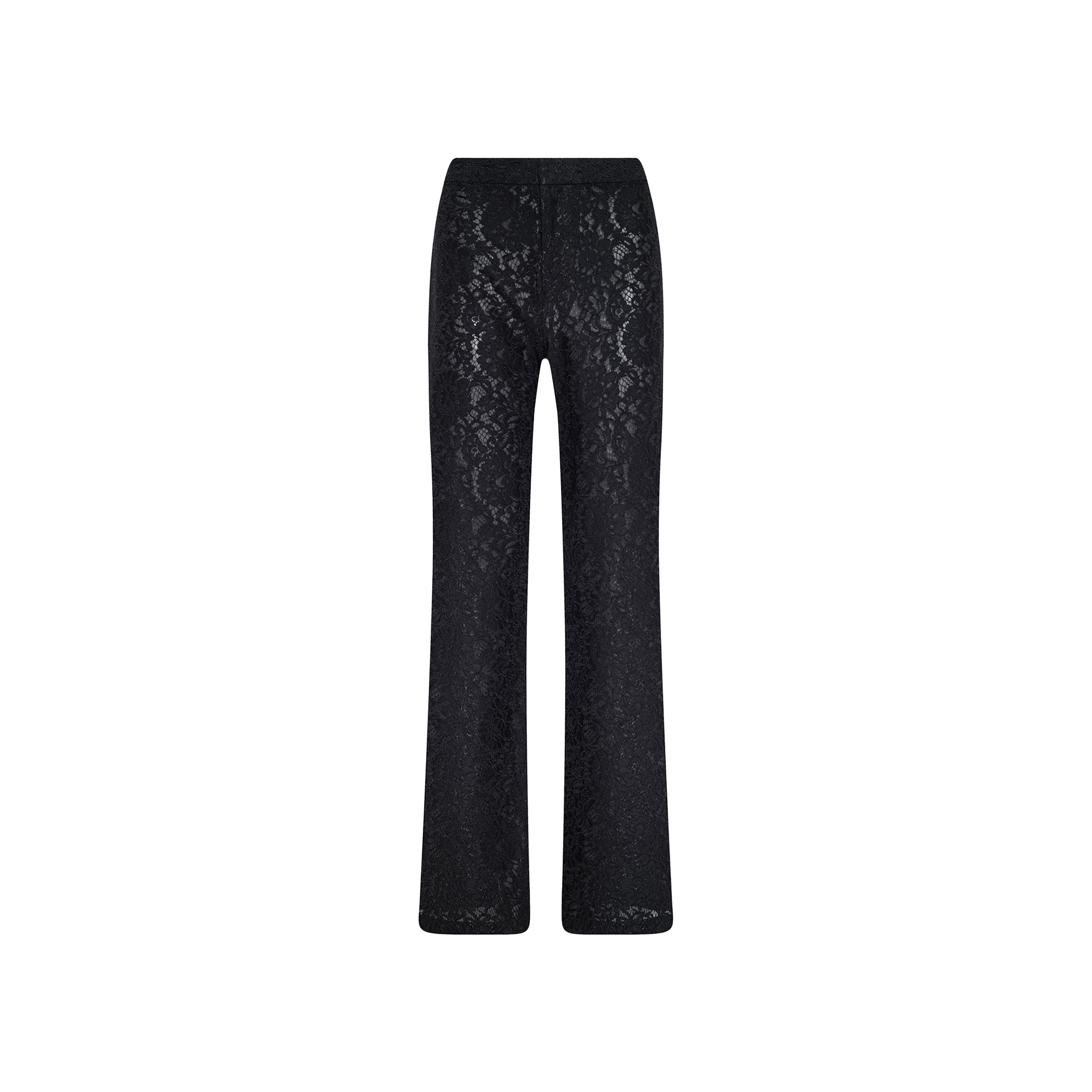 The Livvy Lace Trouser features a high-rise fit and flared silhouette, crafted from intricate black floral lace that adds texture and elegance to the design. Displayed against a plain white background.