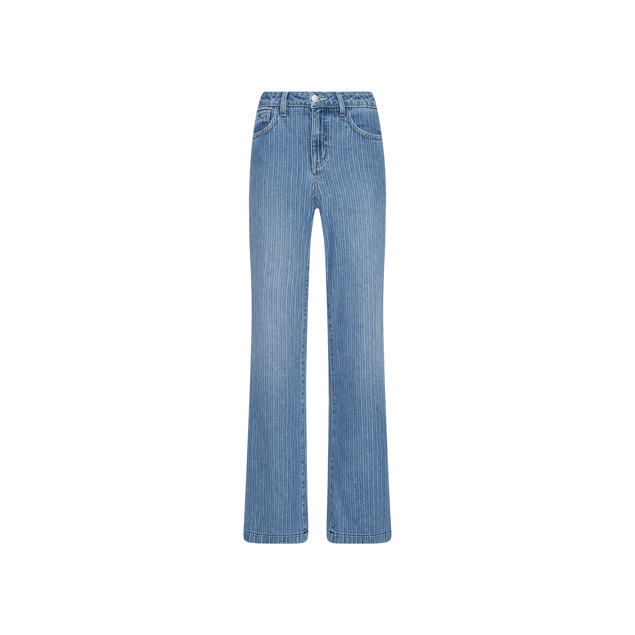 Joanne Low-Rise Wide-Leg Jean in light blue denim, featuring a low-rise waist, wide-leg silhouette, front button and zipper closure, classic five-pocket design, and subtle indigo pinstriped detailing, displayed on a plain white background.