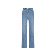 Joanne Low-Rise Wide-Leg Jean in light blue denim, featuring a low-rise waist, wide-leg silhouette, front button and zipper closure, classic five-pocket design, and subtle indigo pinstriped detailing, displayed on a plain white background.