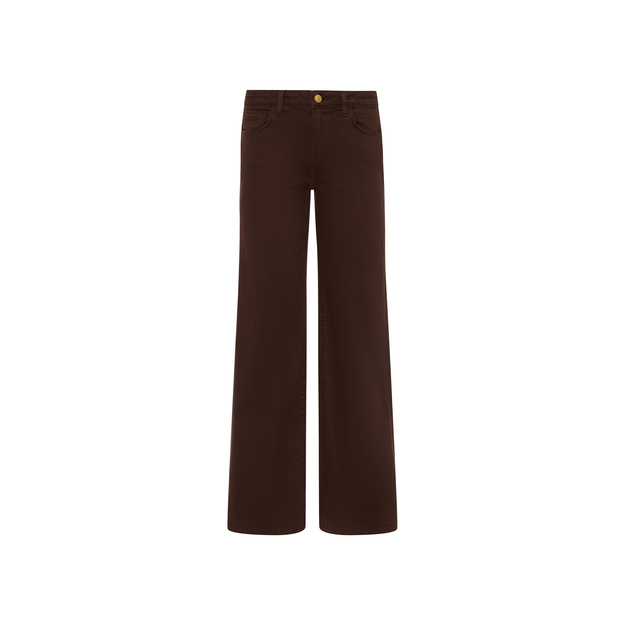 The Joanne Low-Rise Wide-Leg Jean in dark brown features front and back pockets, a button and zip closure, and is displayed on a plain white background.