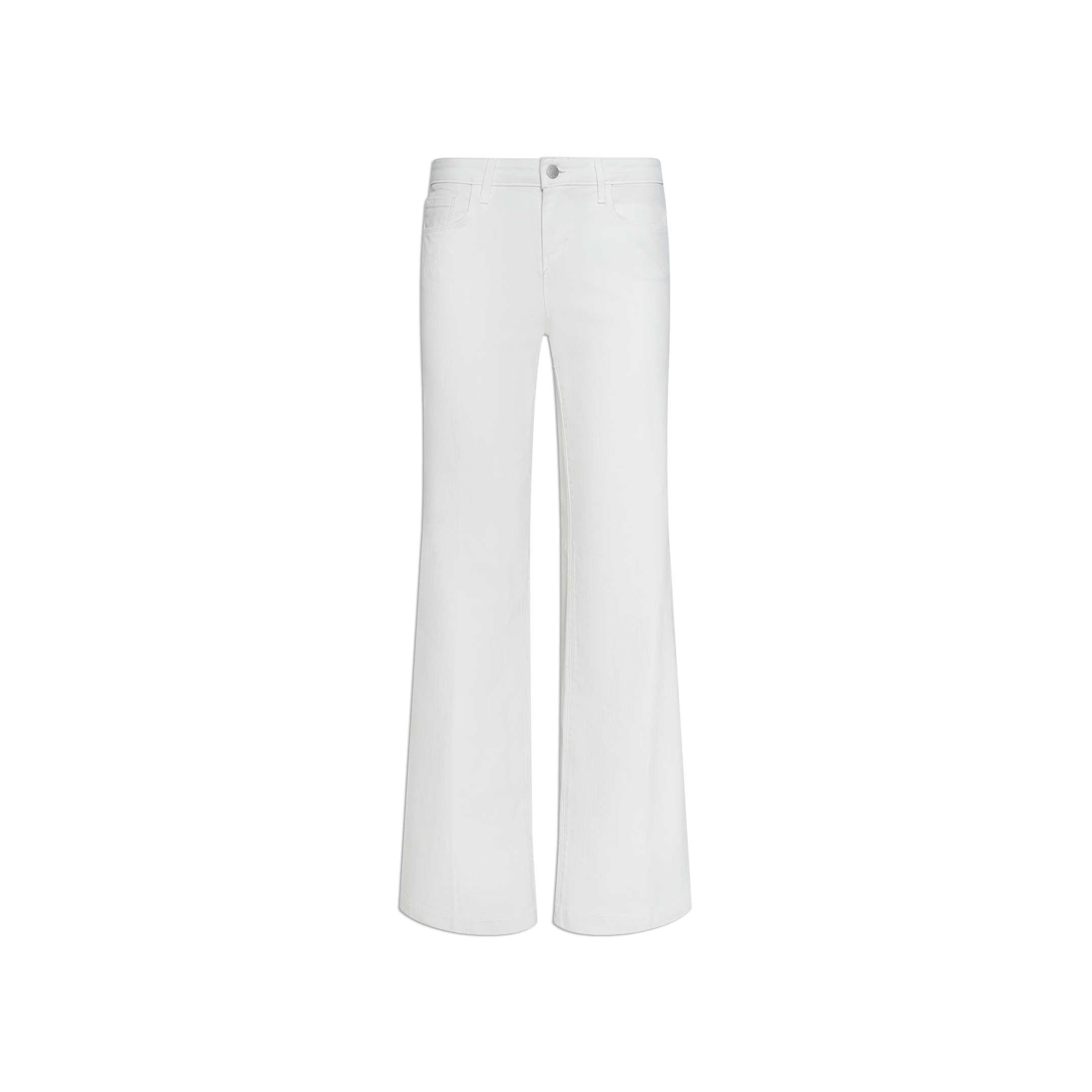 The Joanne Low-Rise Wide-Leg Jean is showcased against a simple, light background. Featuring a low-rise waist, front button closure, and wide legs in an ecru wash, these jeans offer a contemporary take on classic denim style.
