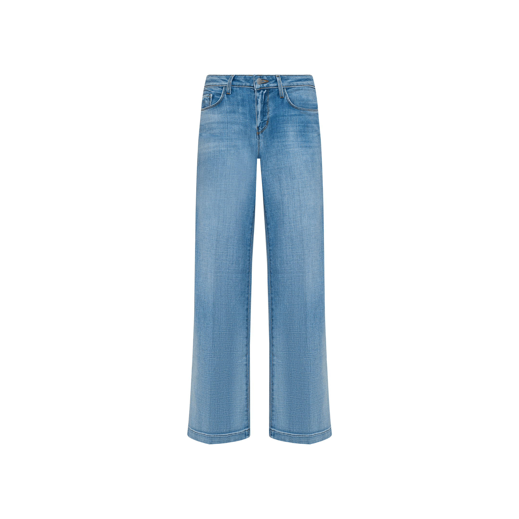 Joanne Low-Rise Wide-Leg Jean in light blue, crafted from stretch denim with classic five pockets and a button fly, displayed on a white background.