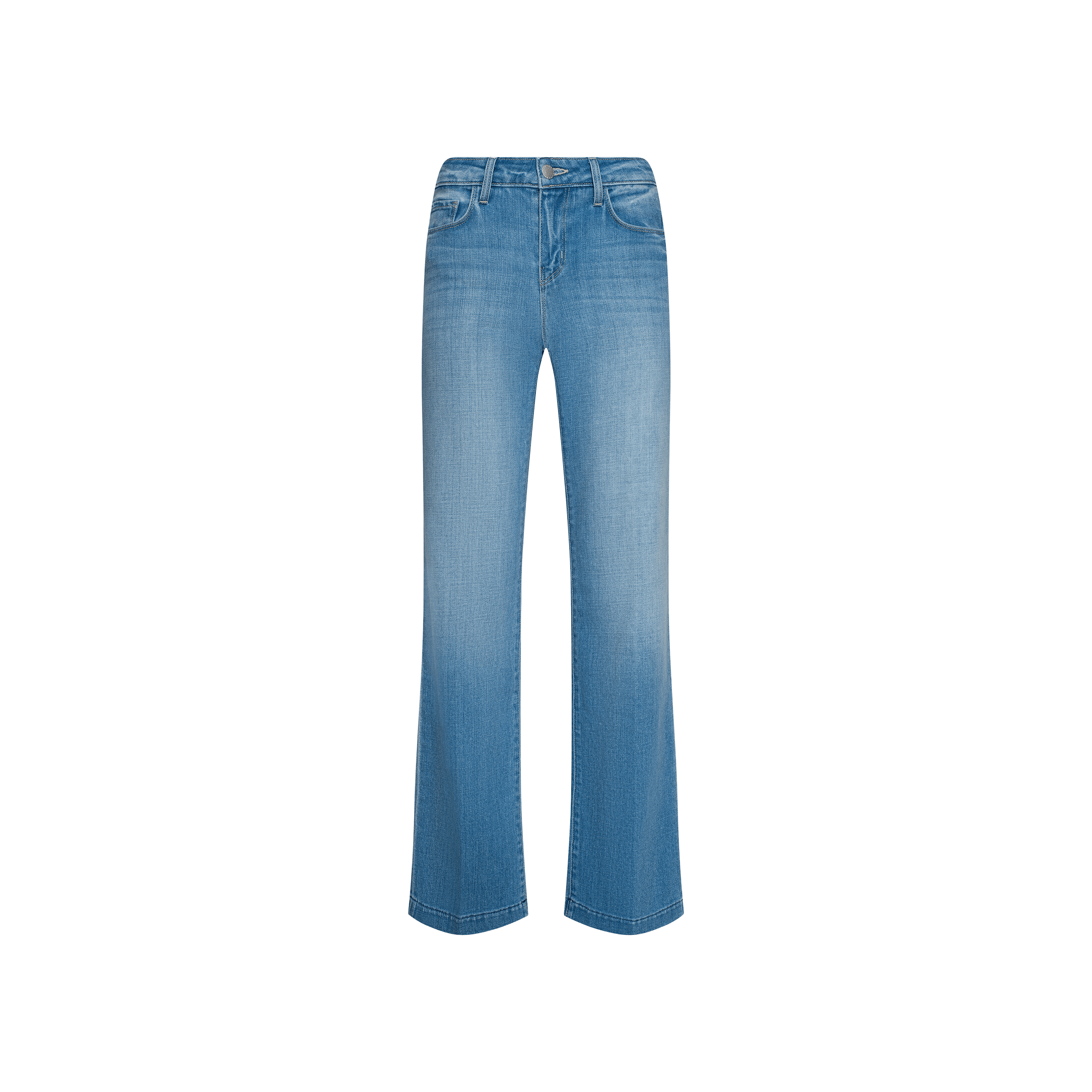 The Joanne Low-Rise Wide-Leg Jean features a light indigo wash, wide-leg silhouette with a subtle flare at the bottom, classic five-pocket styling, and gentle front fading. These jeans are displayed flat against a simple white background.