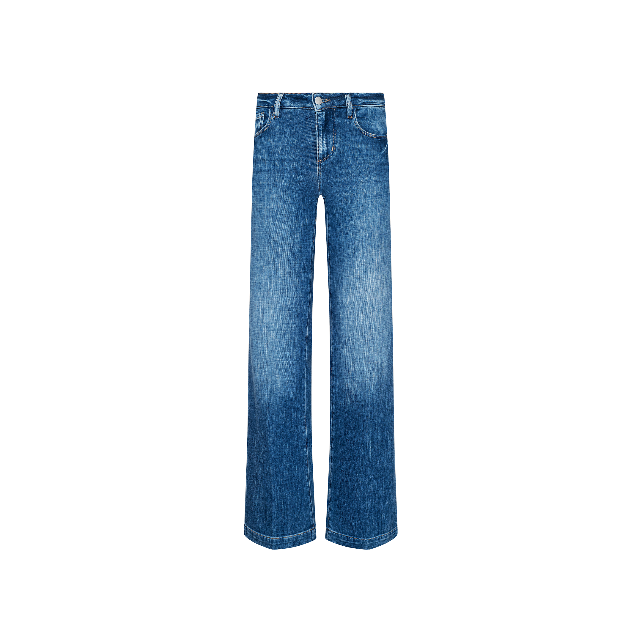 Joanne Low-Rise Wide-Leg Jean in blue, crafted from stretch denim with a subtle thigh fade, features a classic five-pocket design and button closure, shown against a plain white background.