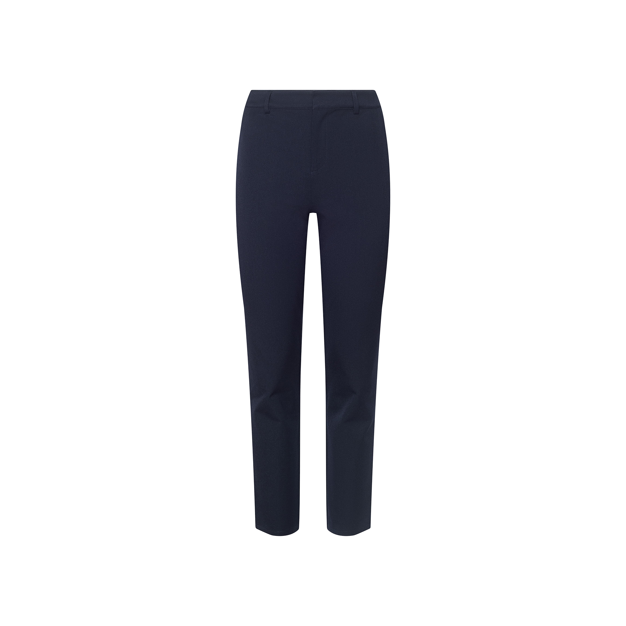 The Ketra Bootcut Trouser is crafted from stretch suit fabric in a midnight navy hue, featuring belt loops and a slim fit through the thighs that gently flares into a bootcut leg, shown against a plain white background.