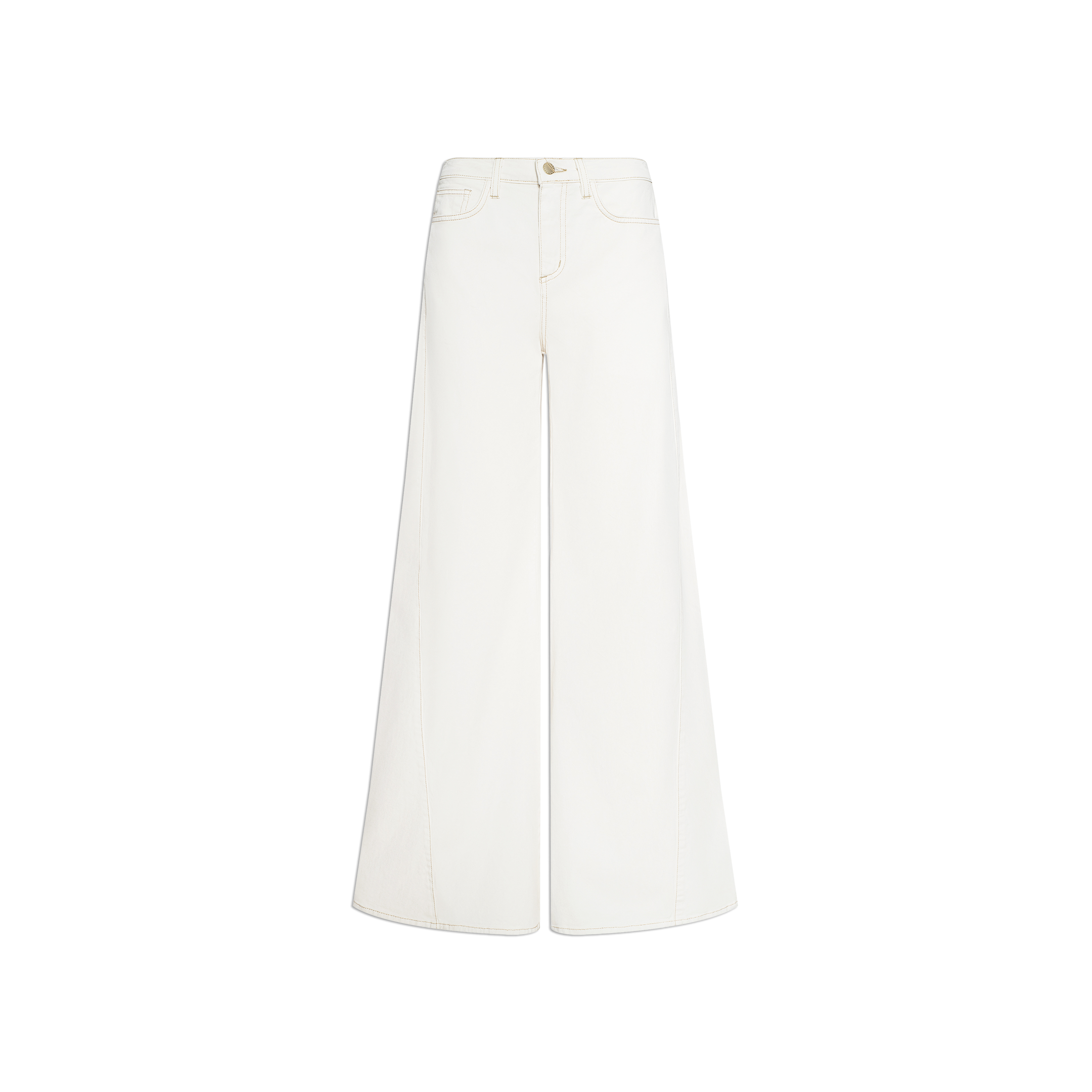 The Beau Wide-Leg Jean is a white, high-waisted style crafted from stretch cotton twill, featuring a wide leg, front and back pockets, and a button closure. It is displayed on a plain white background.