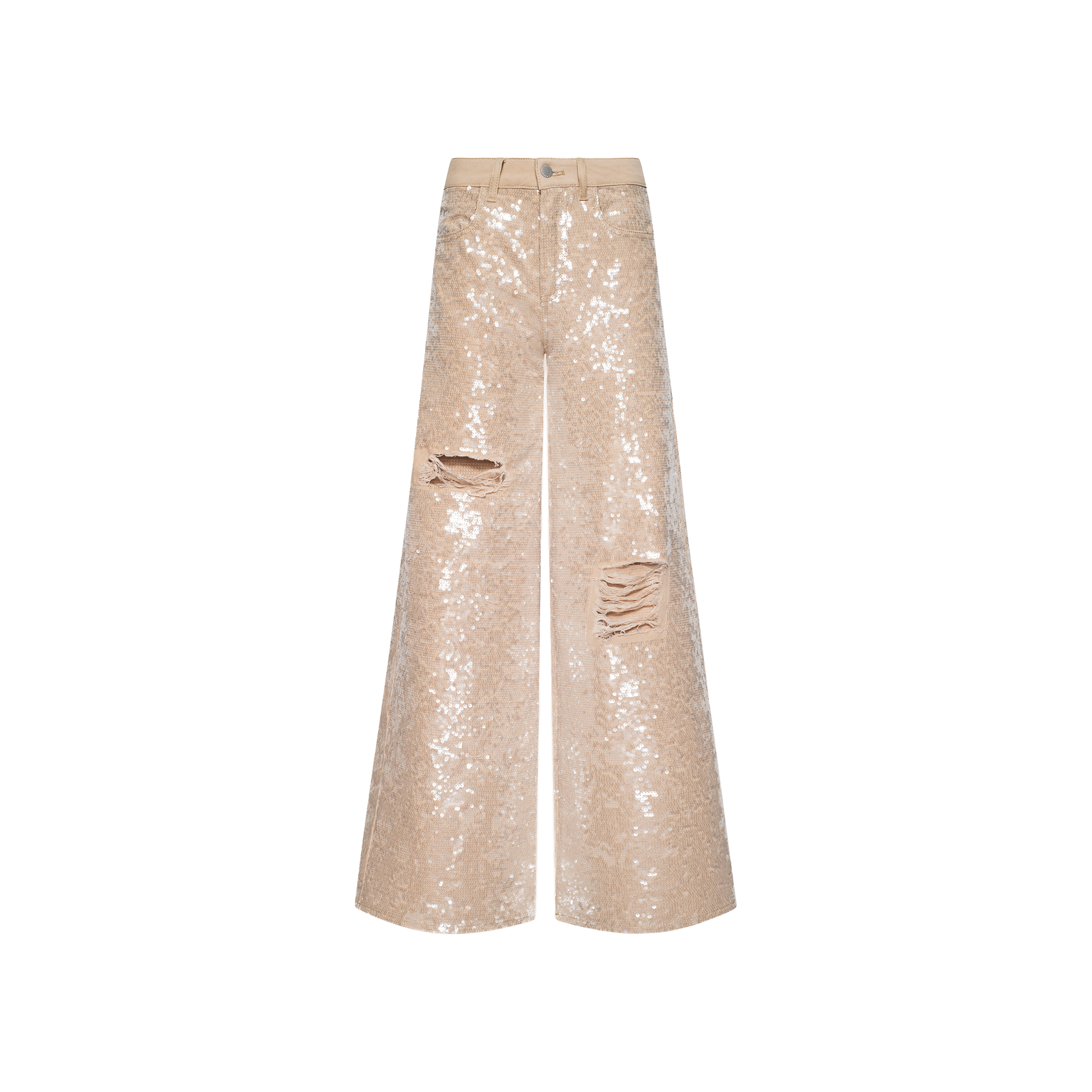 The Quincy Embellished Wide-Leg Jean features high-rise, wide-leg styling in beige sequined denim with distressed rips at both knees, showcased against a plain white background.