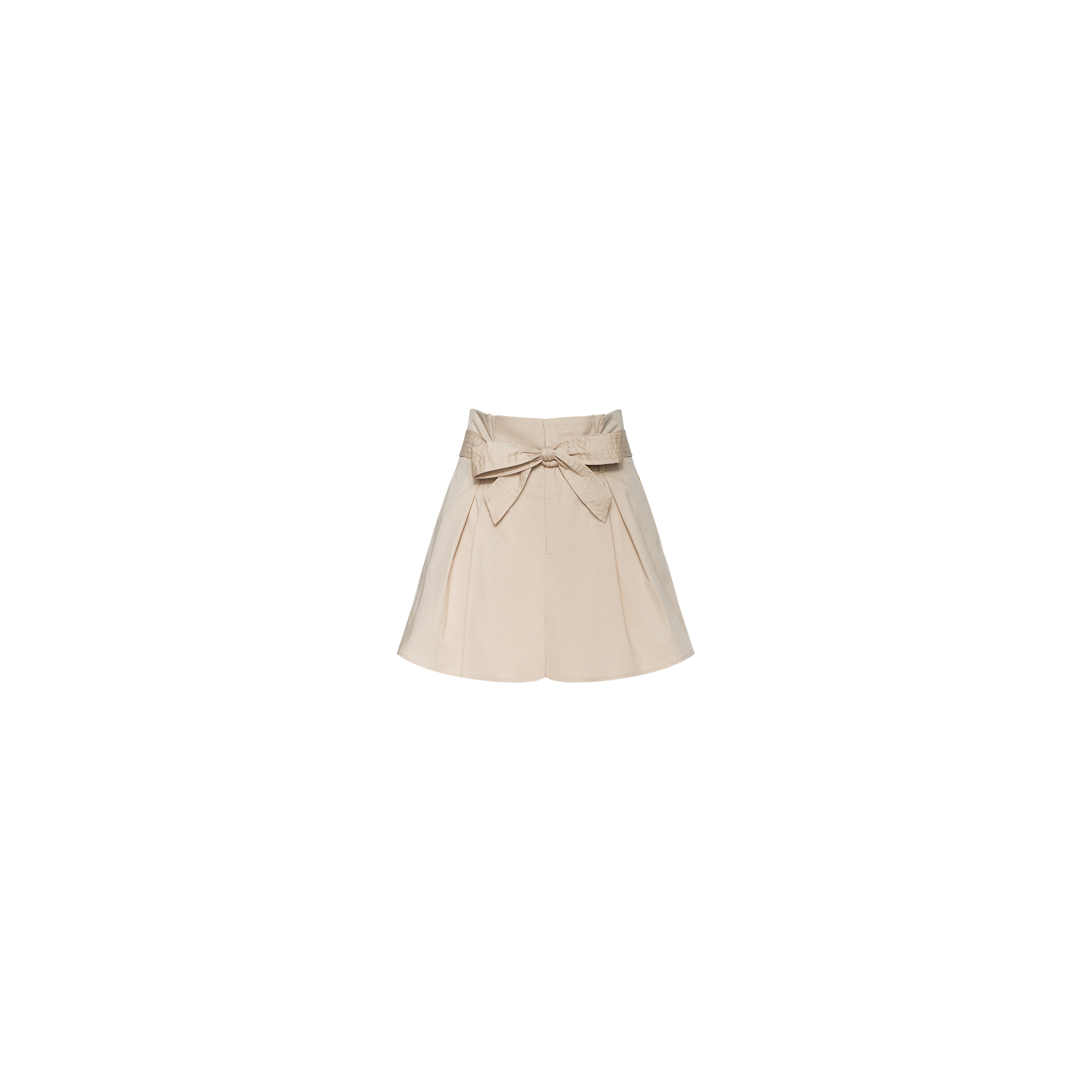 Damira Poplin Short in beige, designed with a high waist, wide waistband, and a prominent decorative bow at the front. This style features soft pleats and a flared silhouette inspired by stretch poplin shorts, shown against a plain white background.
