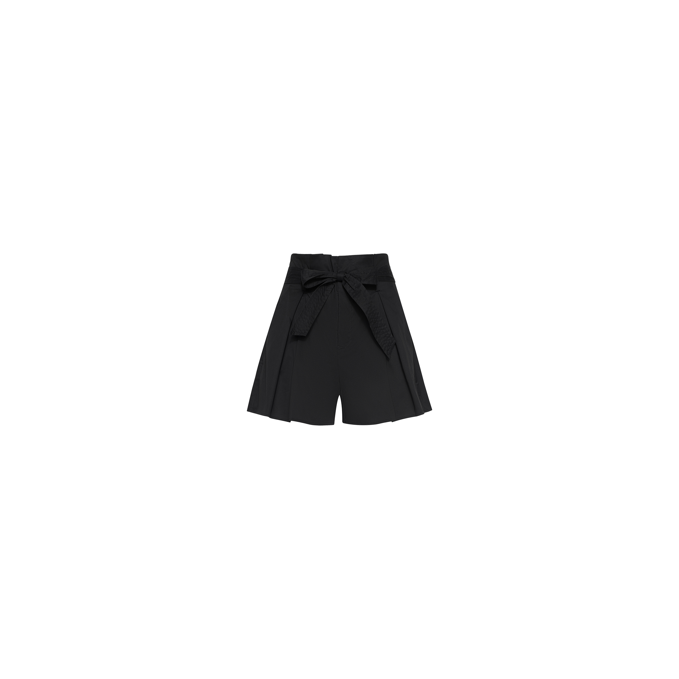 The Damira Poplin Short is crafted from stretch poplin and features an ultra-high waist, self-tie belt, pleated detailing, and a relaxed fit, shown against a plain white background.