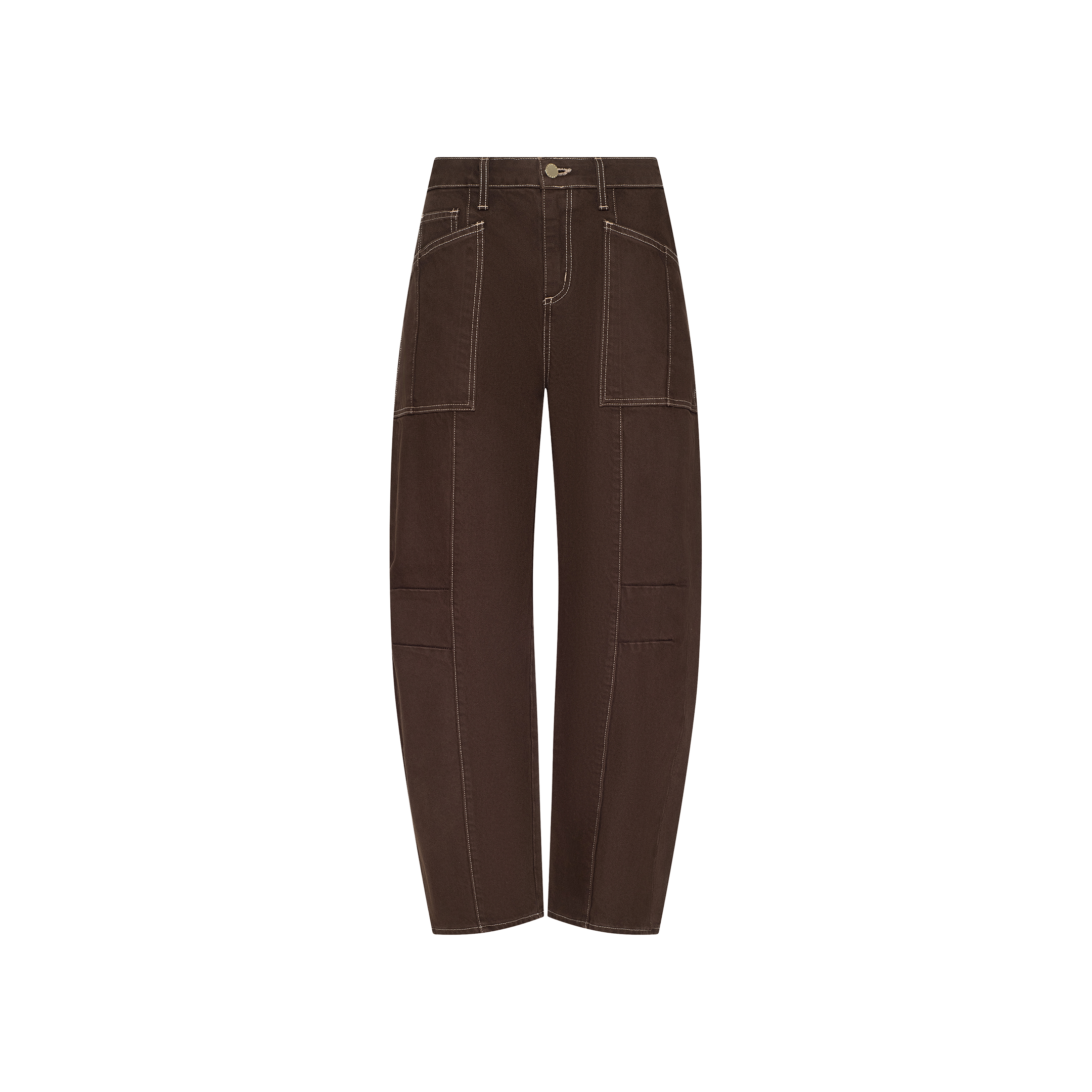 The Cody Cropped Barrel-Leg Jean features a high-waisted, barrel-leg silhouette in brown non-stretch denim, detailed with large front pockets and visible white stitching, shown on a plain white background.