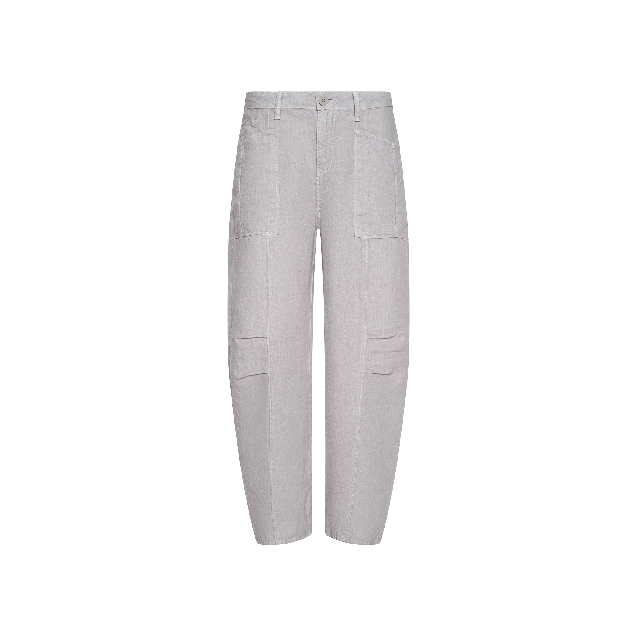 The Cody Cropped Linen Pant is a light gray, high-waisted style made from lightweight linen, with large front and side patch pockets, straight legs, and a button closure. Shown against a plain white background, these pants are perfect for warm weather.