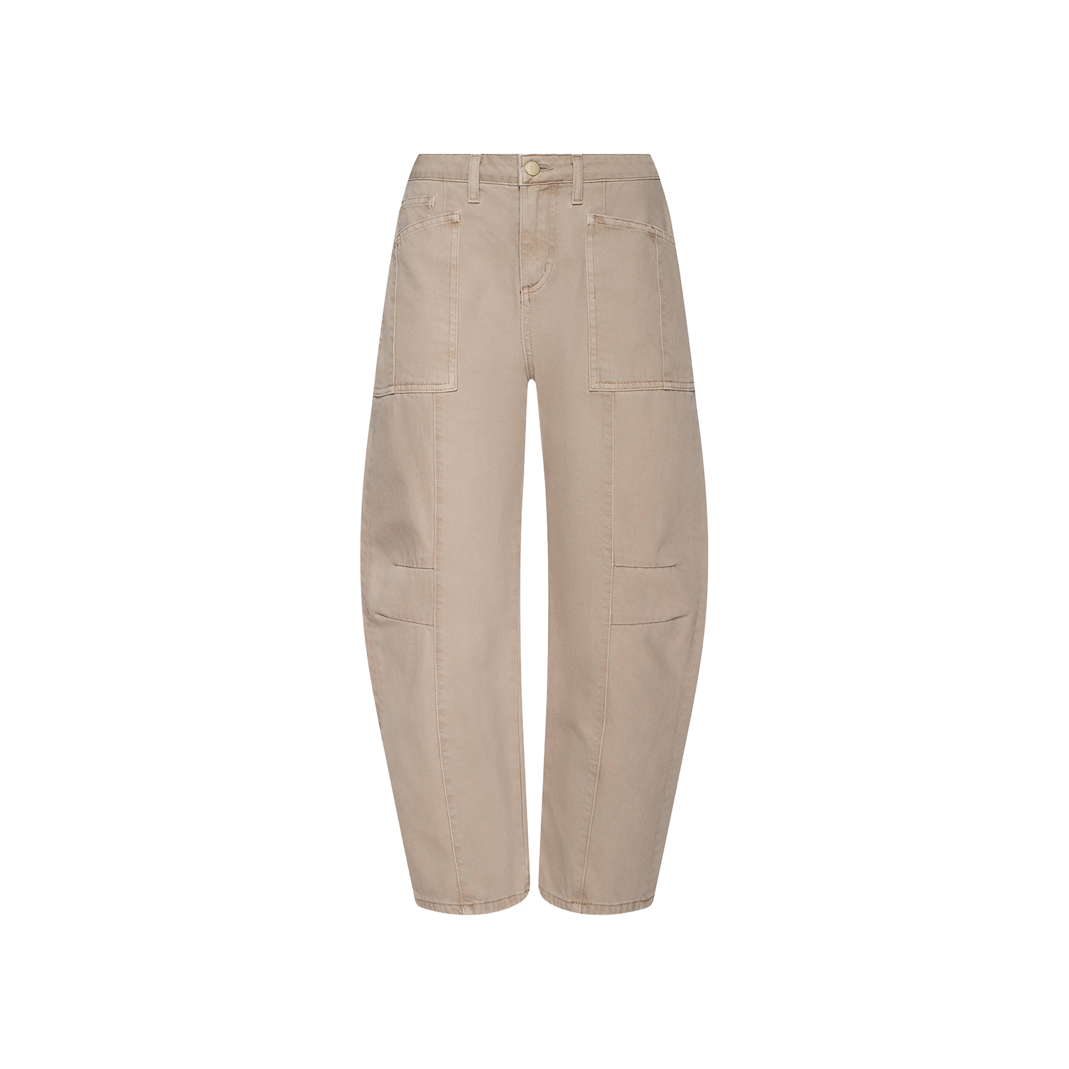 Cody Cropped Barrel-Leg Jean in beige features a high-waisted, wide-leg silhouette with front patch pockets and visible stitch detailing, crafted from all-cotton denim and displayed against a plain white background.