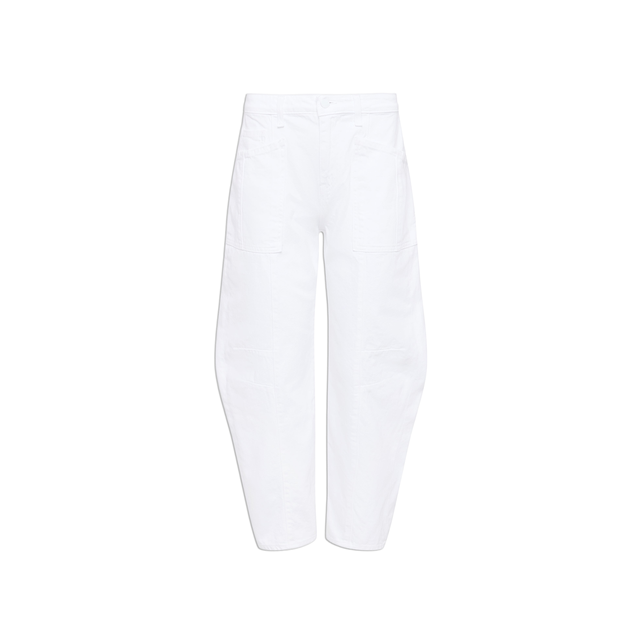The Cody Barrel-Leg Jean is a white, high-waisted denim style featuring a loose barrel-leg silhouette, front patch pockets, button closure, and slightly tapered cropped legs, shown against a plain white background.