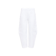 The Cody Barrel-Leg Jean is a white, high-waisted denim style featuring a loose barrel-leg silhouette, front patch pockets, button closure, and slightly tapered cropped legs, shown against a plain white background.
