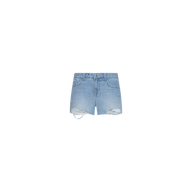 The Teya Low-Rise Jean Short features a light blue wash with distressed, ripped detailing on both legs, front pockets, and a button-zip closure, shown against a plain white background.