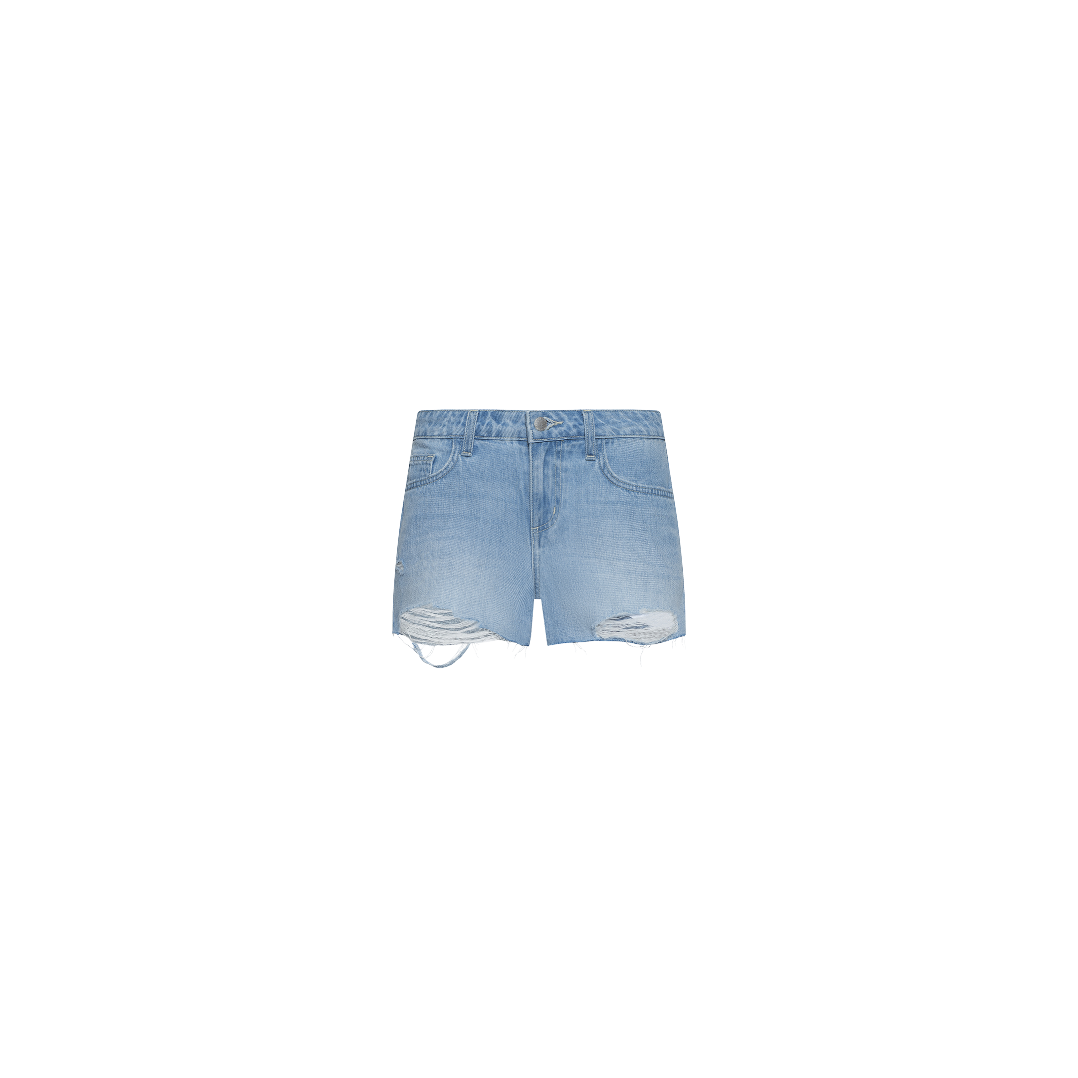The Teya Low-Rise Jean Short features a light blue wash with distressed, ripped detailing on both legs, front pockets, and a button-zip closure, shown against a plain white background.