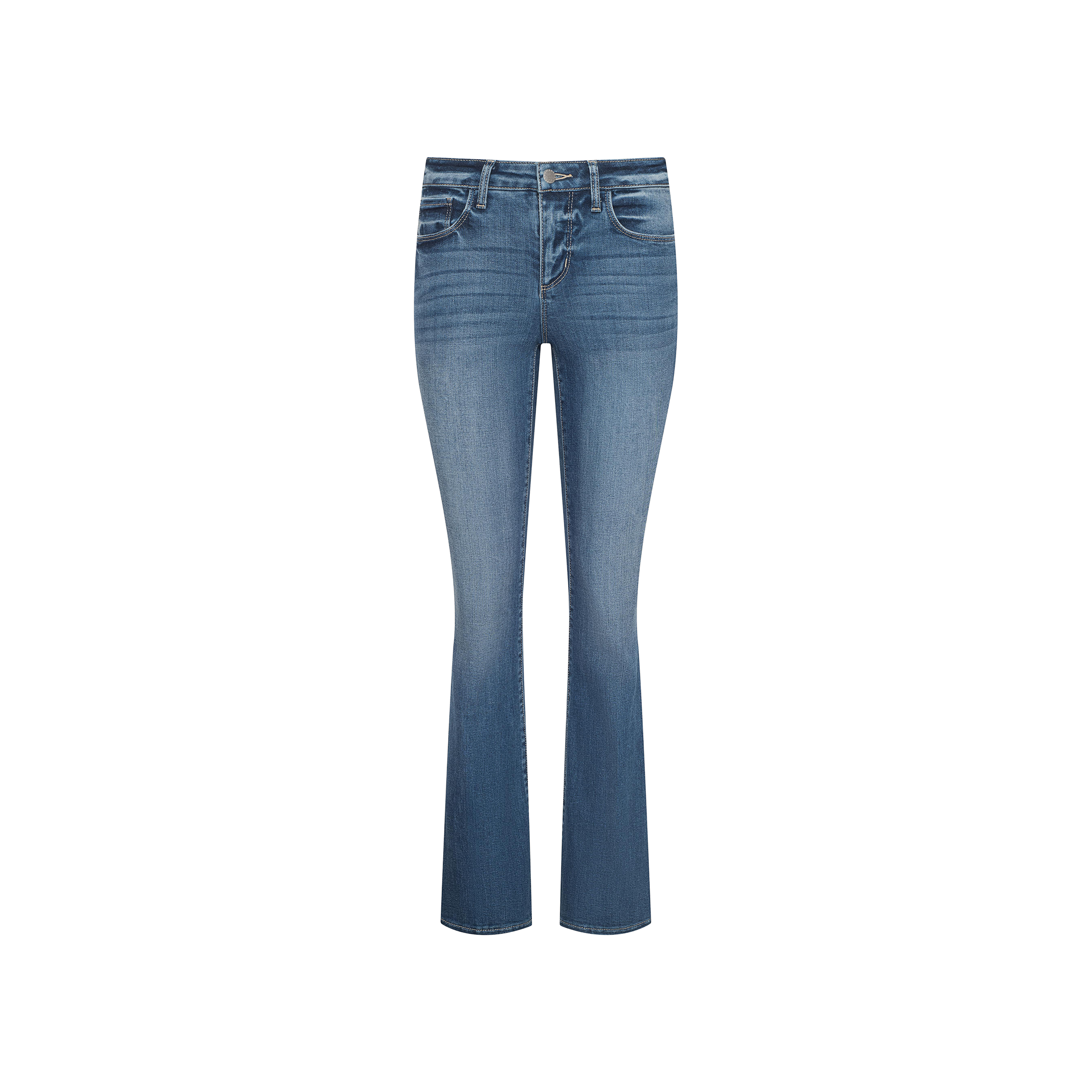 Cara Low-Rise Bootcut Jean in blue stretch denim, featuring a medium wash with subtle thigh fading and a classic five-pocket design, displayed on a plain white background.