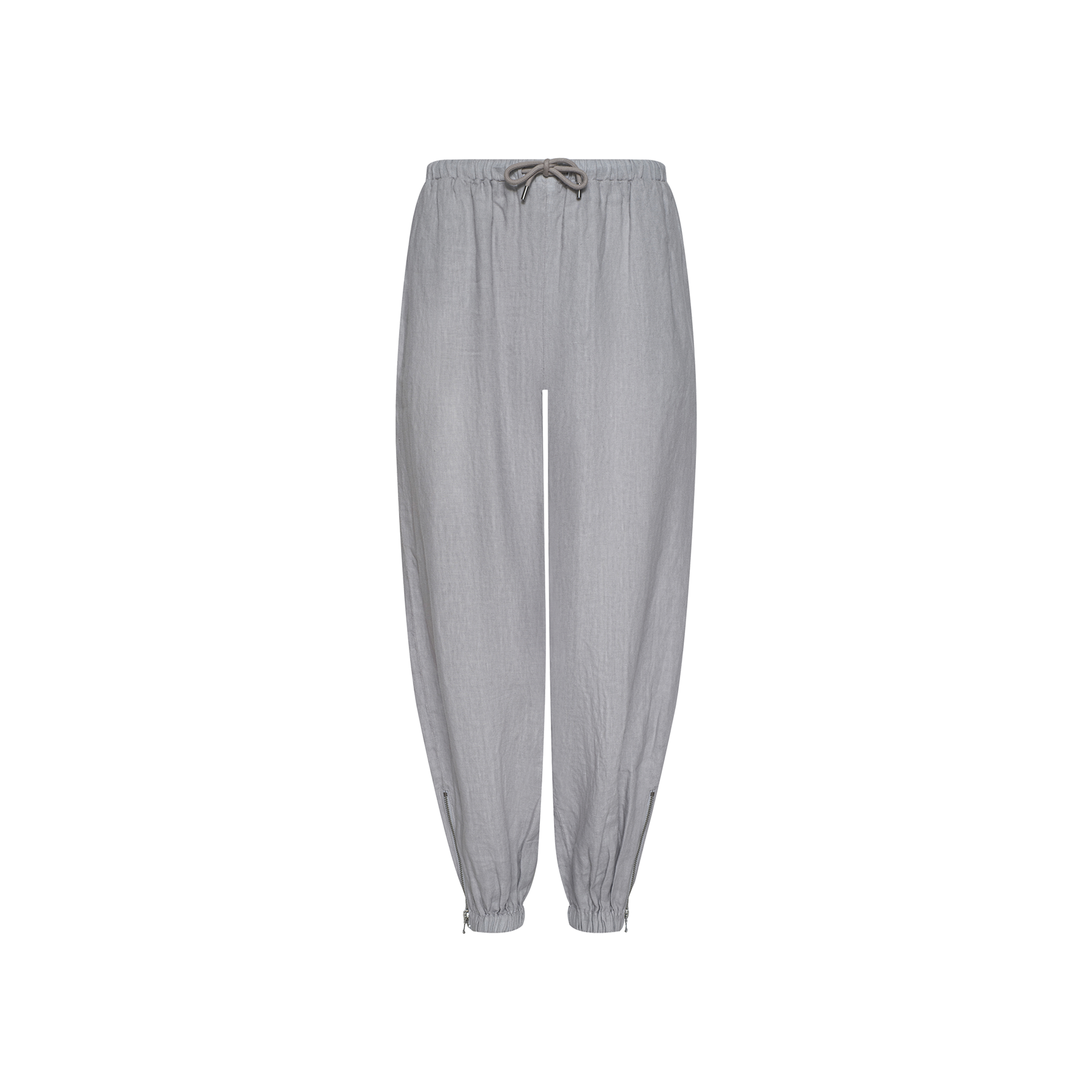 The Mariko Linen Jogger in light grey features a drawstring, elastic waistband, and elasticized cuffs, shown against a plain white background.