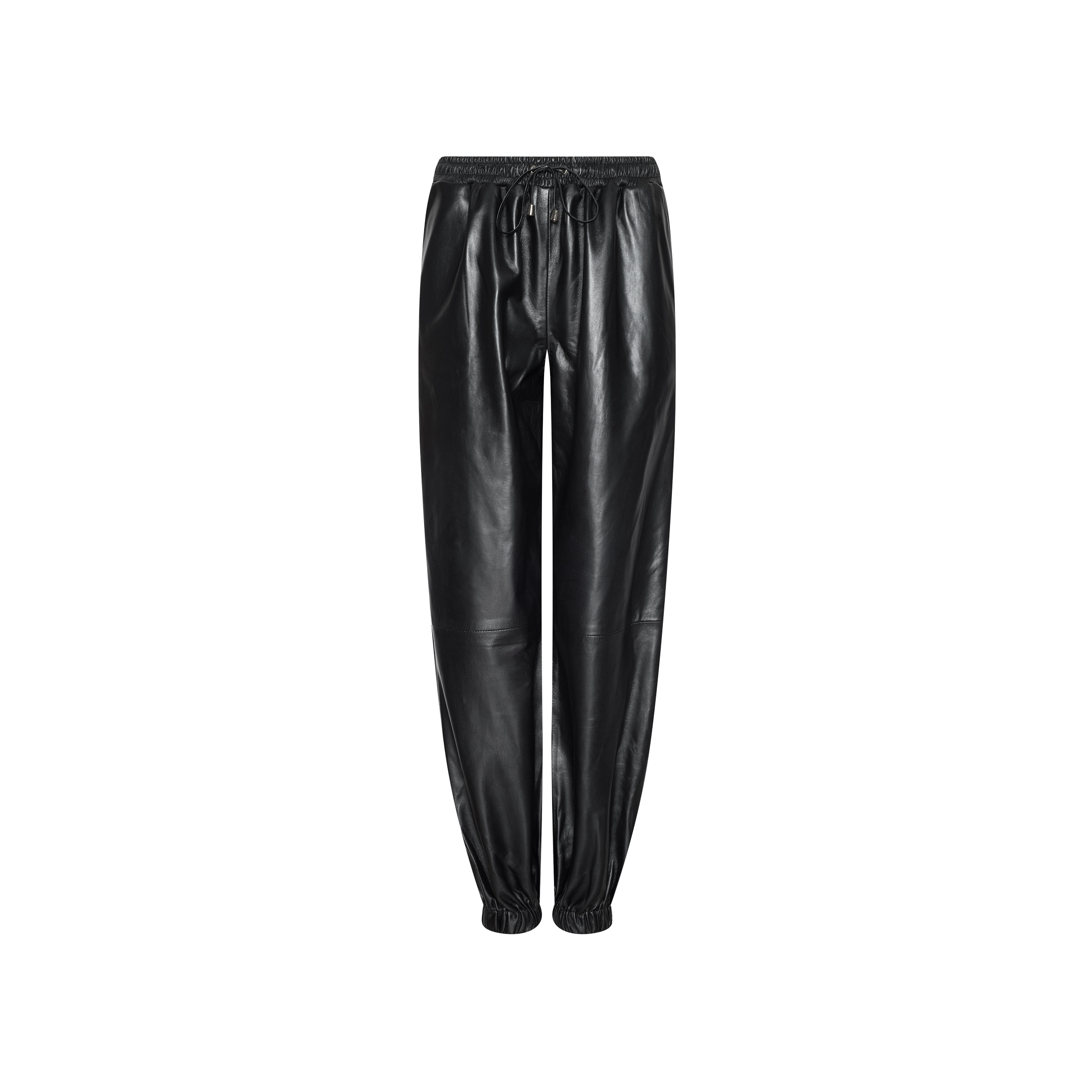 The Mariko Leather Jogger in modern black faux leather features an elastic waistband and elastic cuffs, displayed against a plain white background.