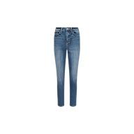 Celestia Slim-Leg Jean in stretch denim features a high-rise silhouette, front pockets, and a slightly faded blue wash, shown against a plain white background.