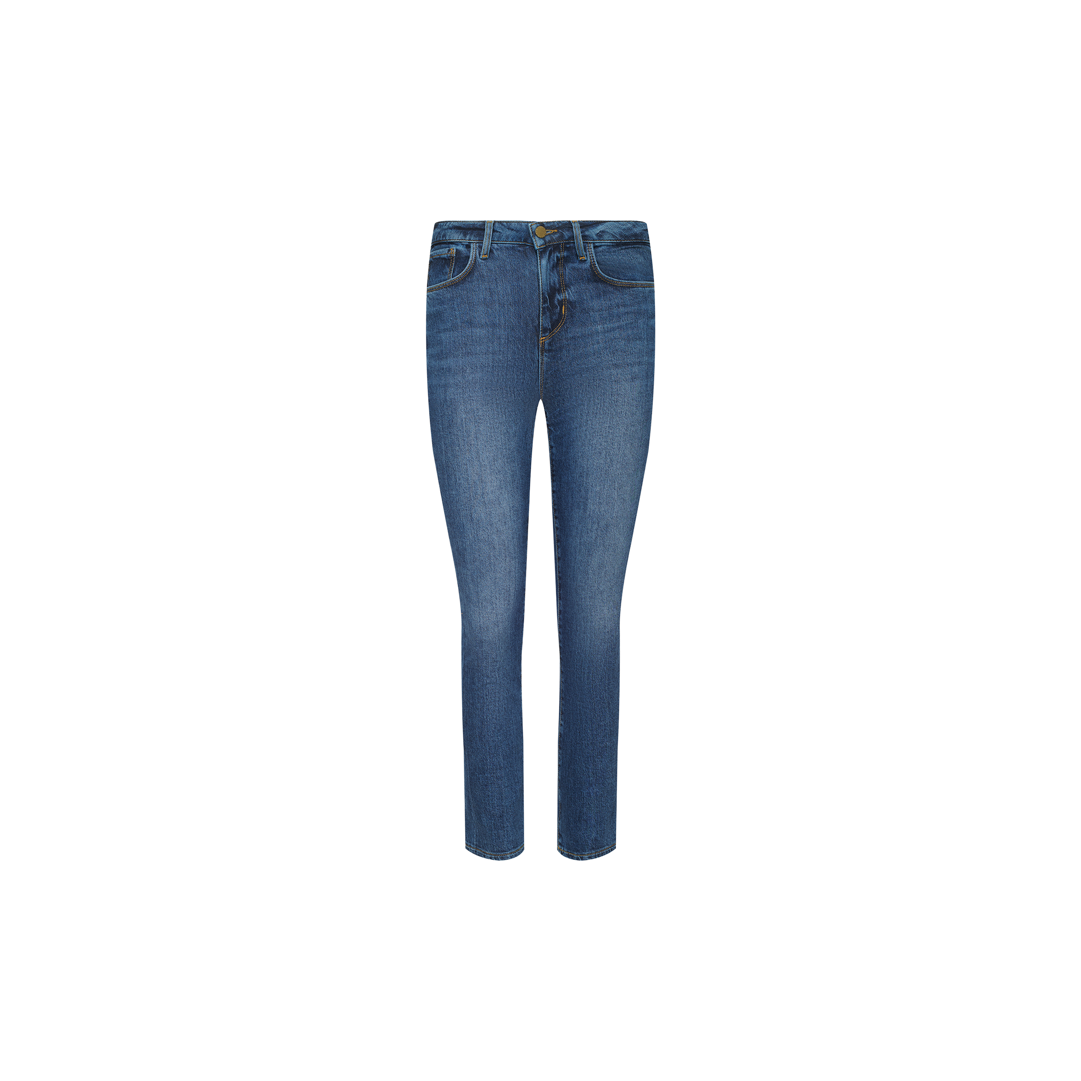 The Celestia Slim-Leg Jean is a classic blue ultra high rise skinny jean featuring front and back pockets, a button closure, and belt loops, crafted from stretch denim and displayed on a plain white background.
