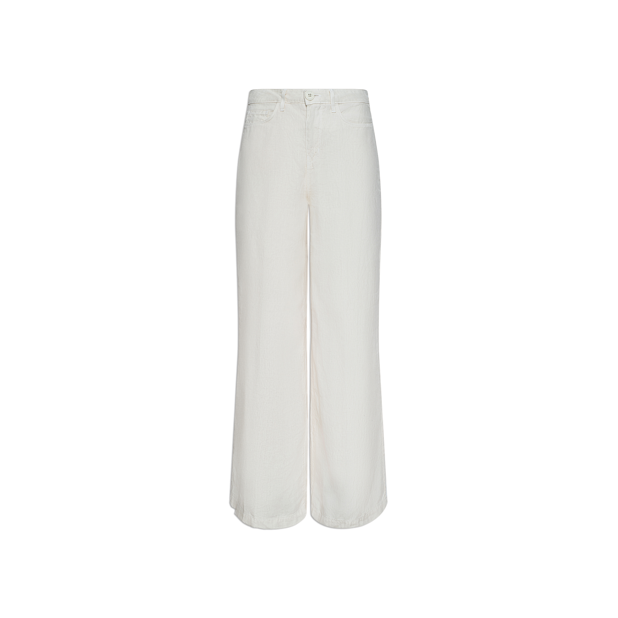 The Amara Linen Wide-Leg Pant, featuring a high-rise silhouette with front button and zip closure, front pockets, and a relaxed fit, is displayed against a plain white background.