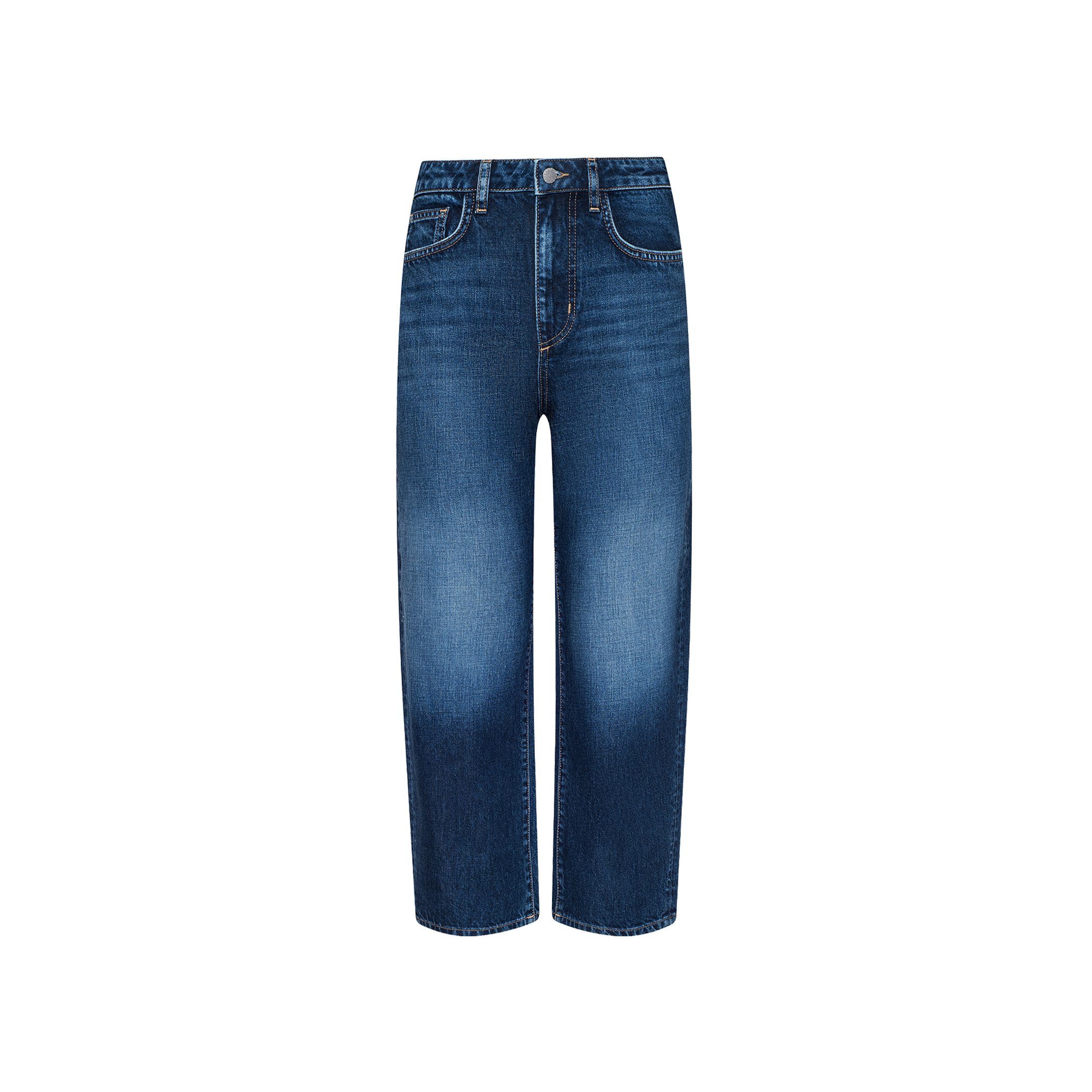 A pair of blue denim jeans with a straight-leg cut, faded detailing on the thighs, classic five-pocket styling, and a button closure, displayed on a plain white background.