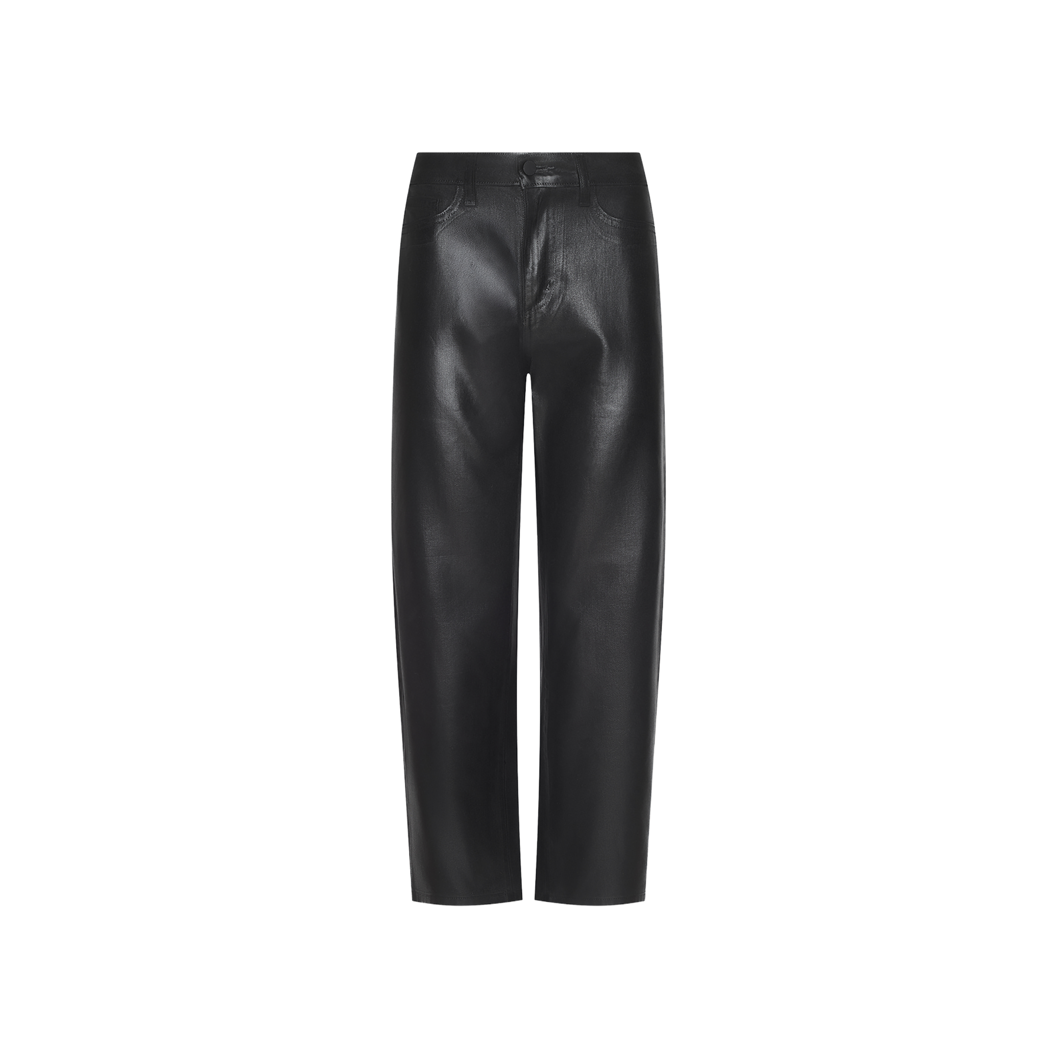 Mallis Coated Bow-Leg Jean in black leather finish, displayed on a plain white background and shown from the back with visible pockets, high-rise waist, and a straight-leg bow-leg silhouette.