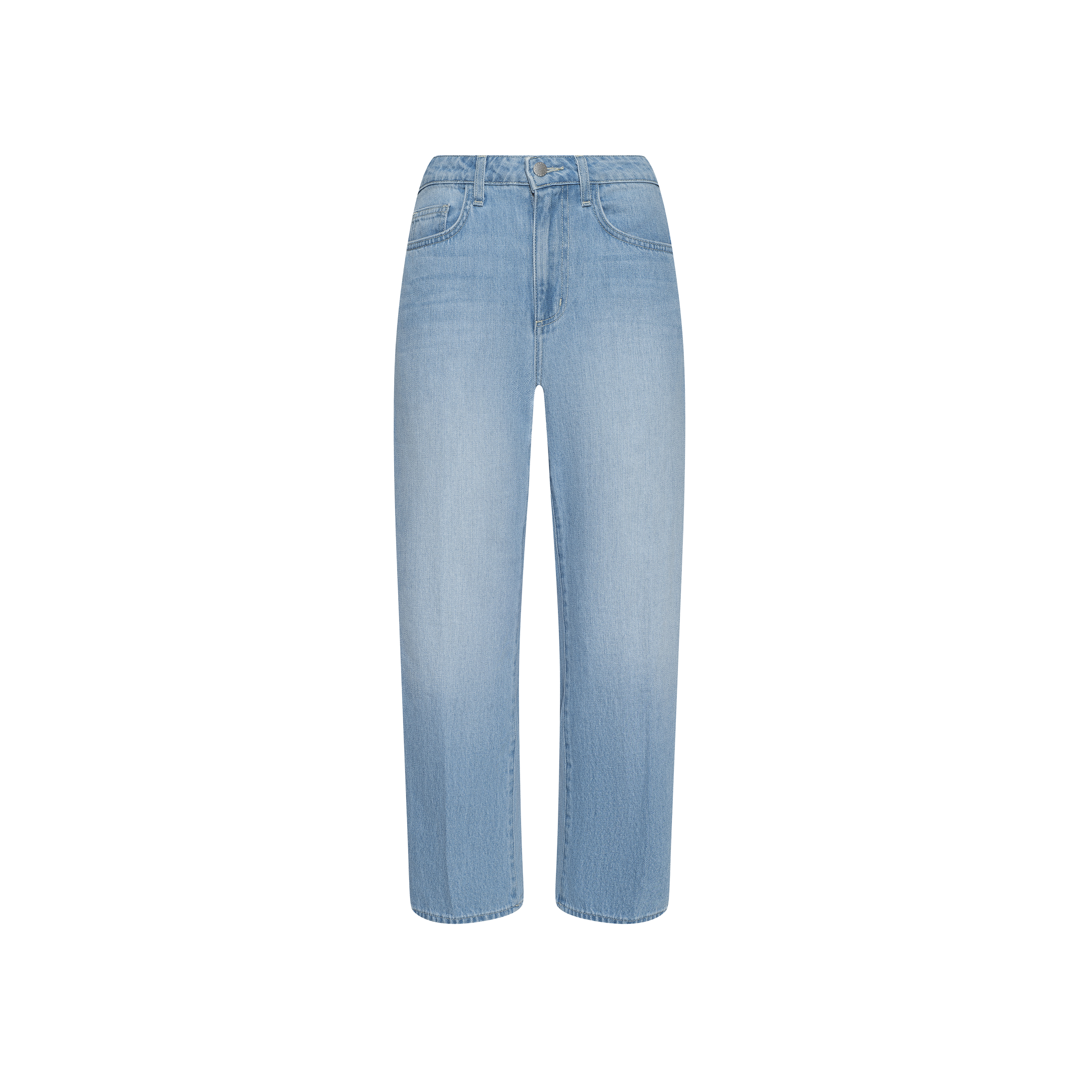 The Mallis Bow-Leg Jean features a light blue, high-rise design with a relaxed straight-leg fit, light wash finish, front button and zipper closure, and classic five-pocket styling, shown against a plain white background.