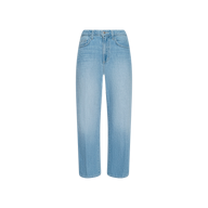 The Mallis Bow-Leg Jean features a light blue, high-rise design with a relaxed straight-leg fit, light wash finish, front button and zipper closure, and classic five-pocket styling, shown against a plain white background.