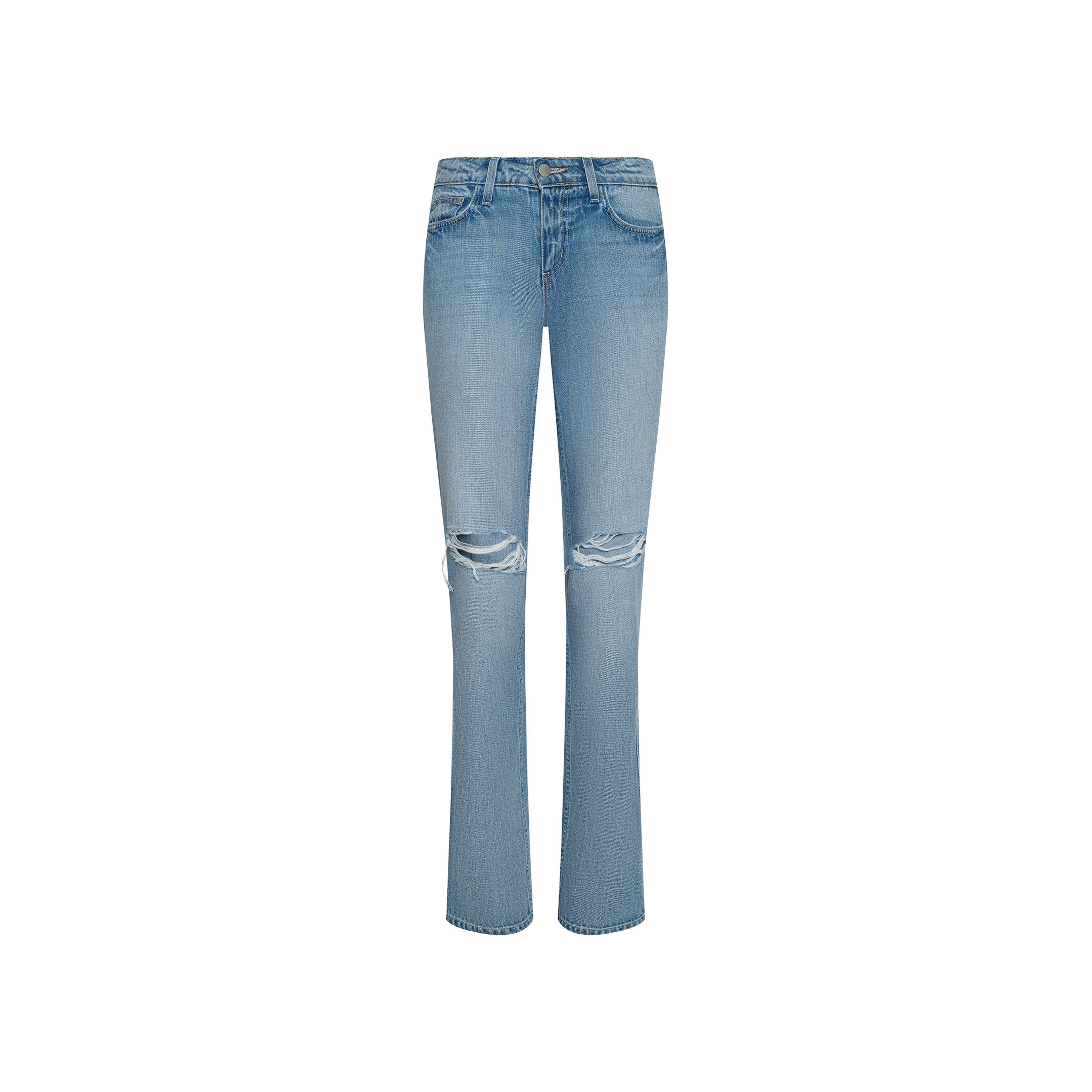 Ashby Low-Rise Slouch Jean in light blue denim features a low-rise fit, five classic pockets, and ripped knees. These vintage-inspired jeans have a slightly flared leg and are showcased against a plain white background.