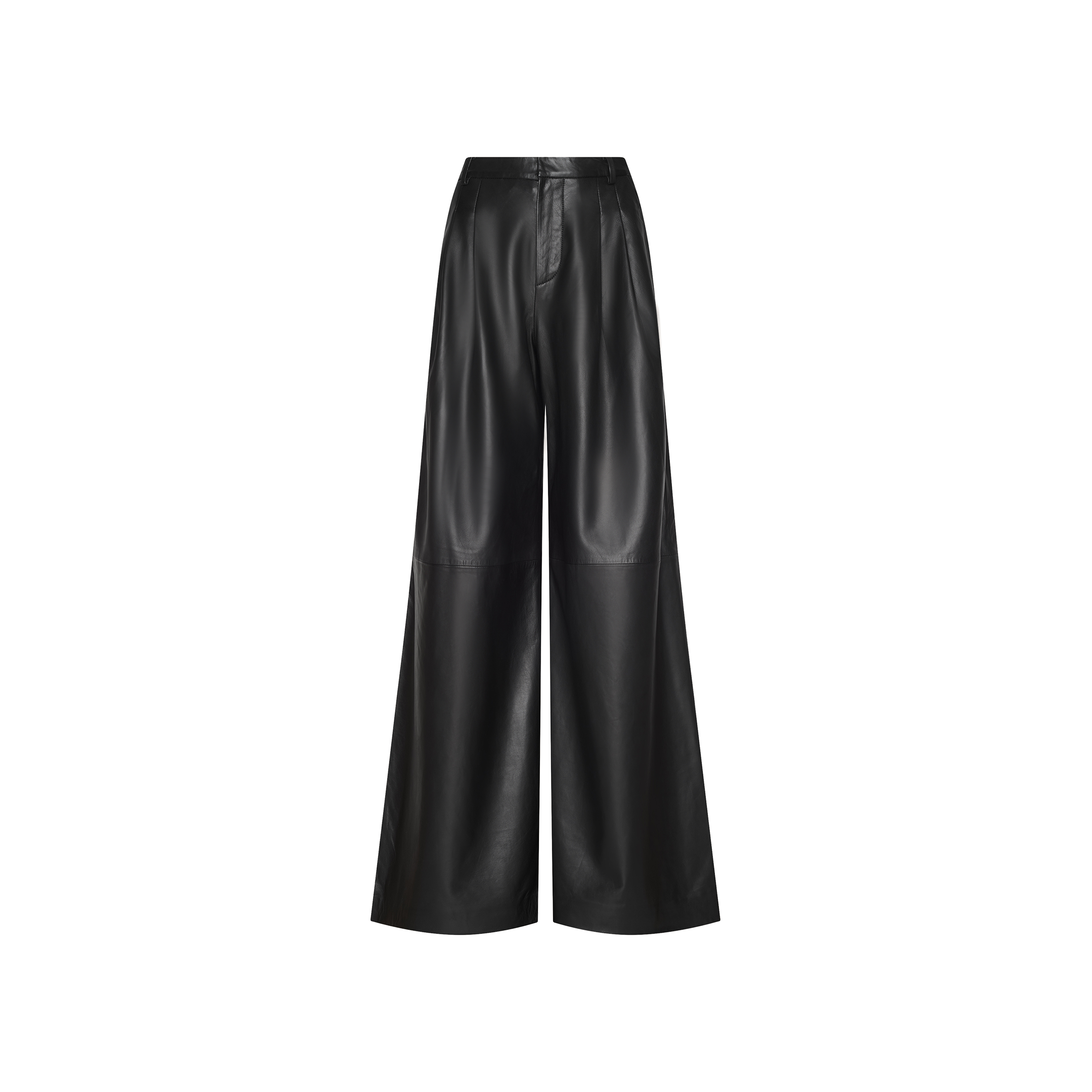 Chelsy Leather Wide-Leg Pant: High-rise black wide-leg pant crafted from faux leather, featuring a front zipper closure and a smooth, glossy finish.