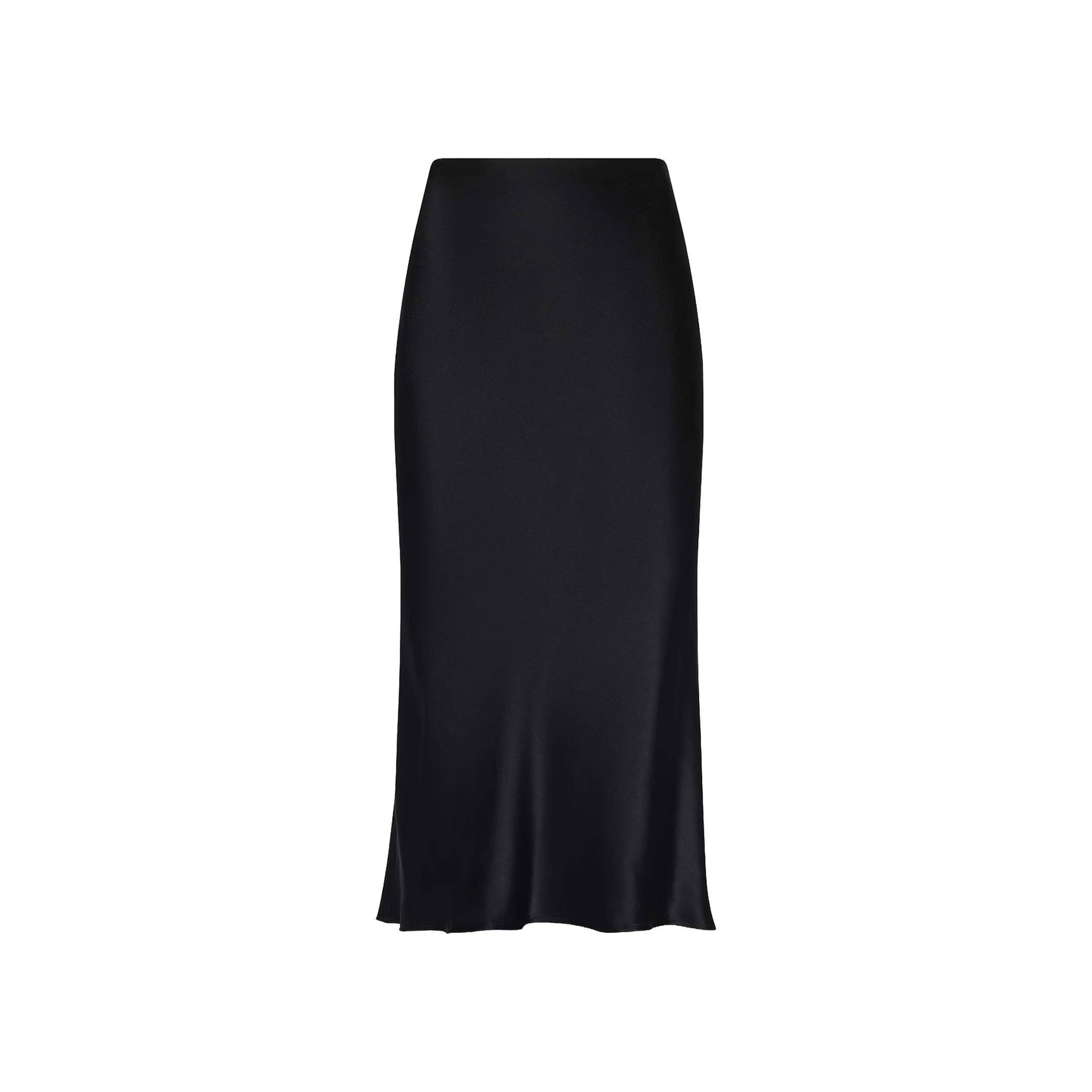 A black Perin Silk Midi Skirt, featuring a high-waisted design in luxurious silk charmeuse, is displayed on a white background. The skirt showcases a smooth, shiny texture and a slightly flared hem.