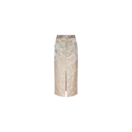 The Madonna Midi Skirt features a beige and light gray satin jacquard fabric, designed with a high waist and a front slit, showcased against a plain white background.