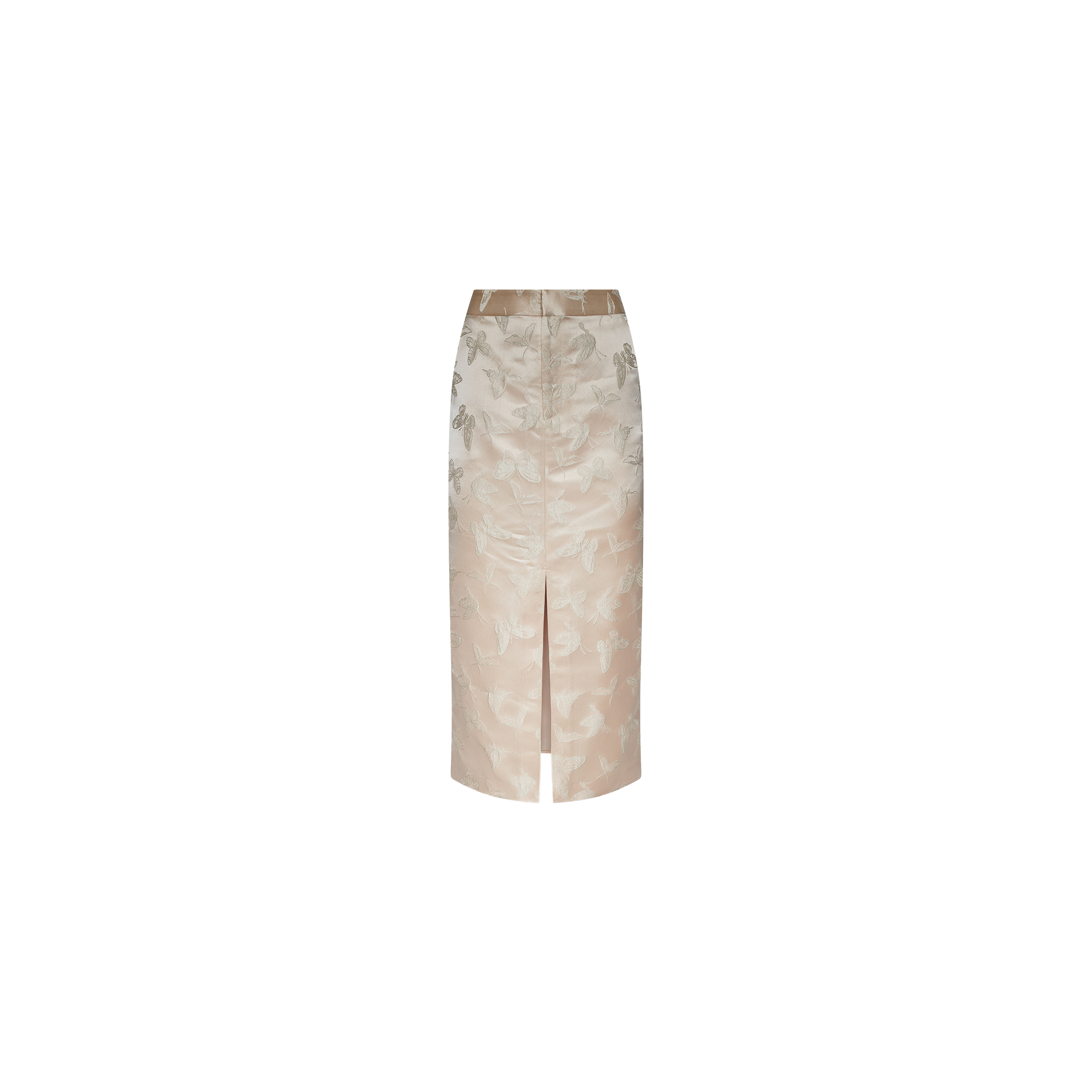 The Madonna Midi Skirt features a beige and light gray satin jacquard fabric, designed with a high waist and a front slit, showcased against a plain white background.