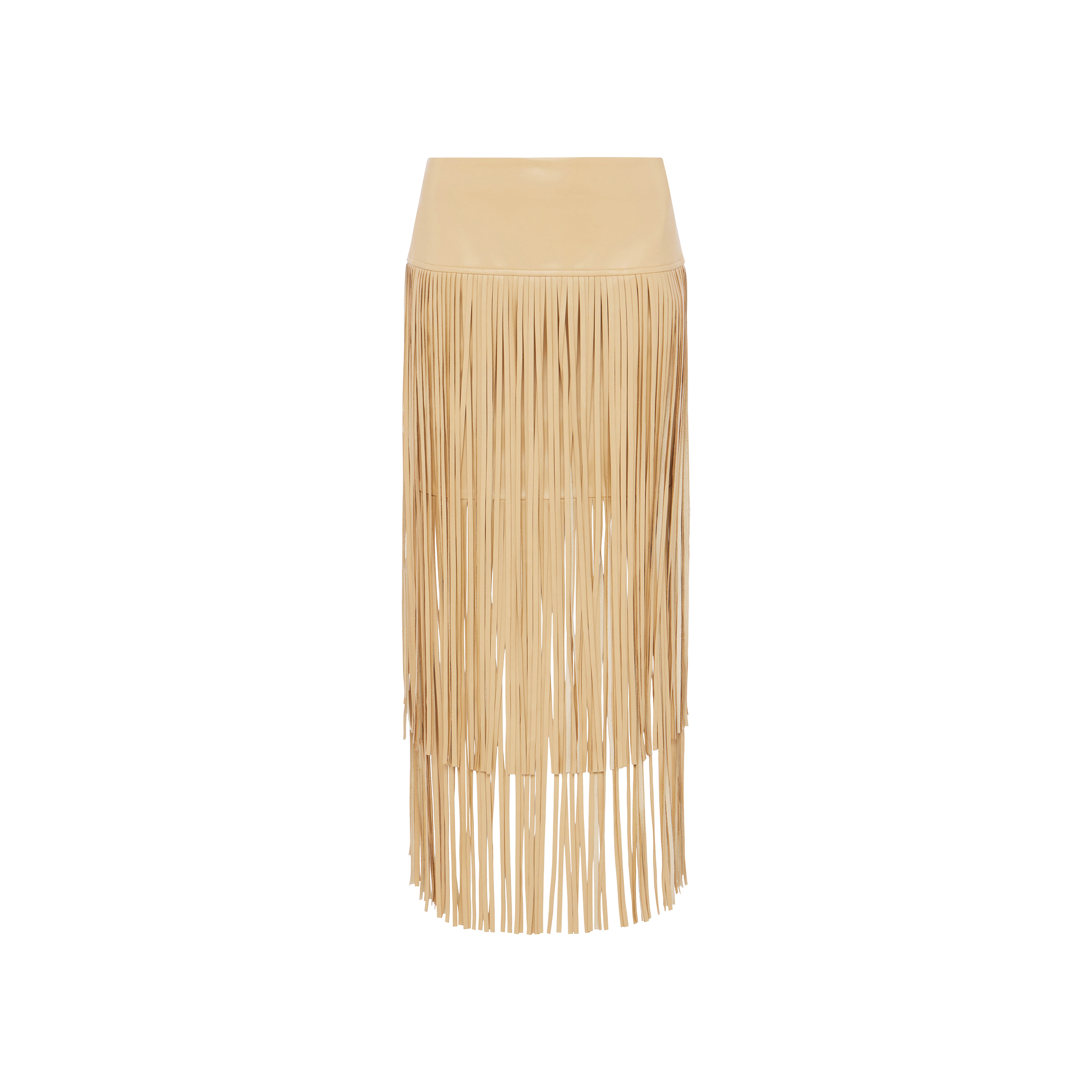The Karolina Fringe Skirt is a beige mini skirt adorned with long, thin fringe strands that cascade from the waist to below the knees, creating a bold statement piece. It is shown against a plain white background.