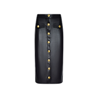 The Milann Vegan Leather Skirt is a black, high-waisted midi skirt featuring large gold buttons down the front and two front flap pockets, displayed against a plain white background.