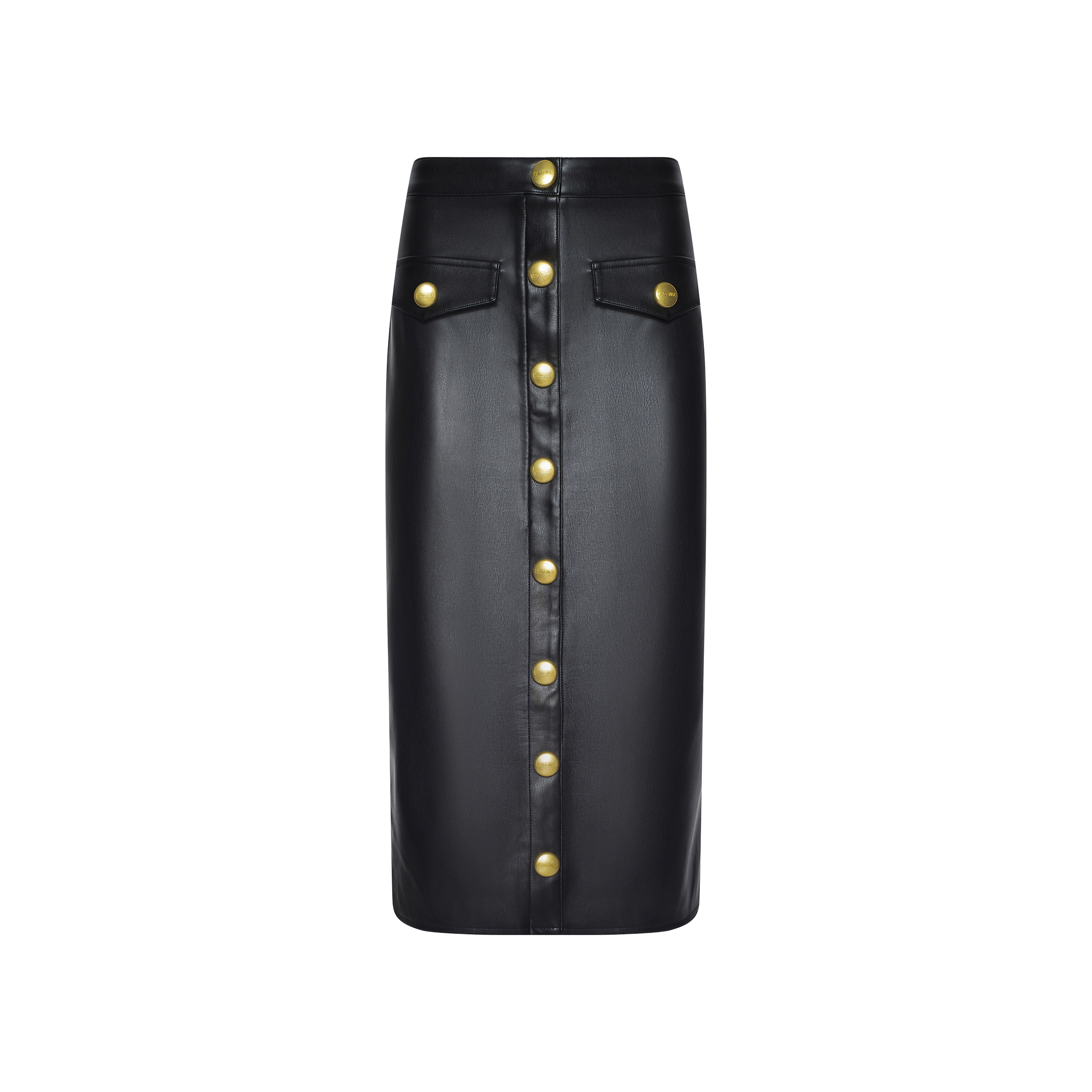 The Milann Vegan Leather Skirt is a black, high-waisted midi skirt featuring large gold buttons down the front and two front flap pockets, displayed against a plain white background.