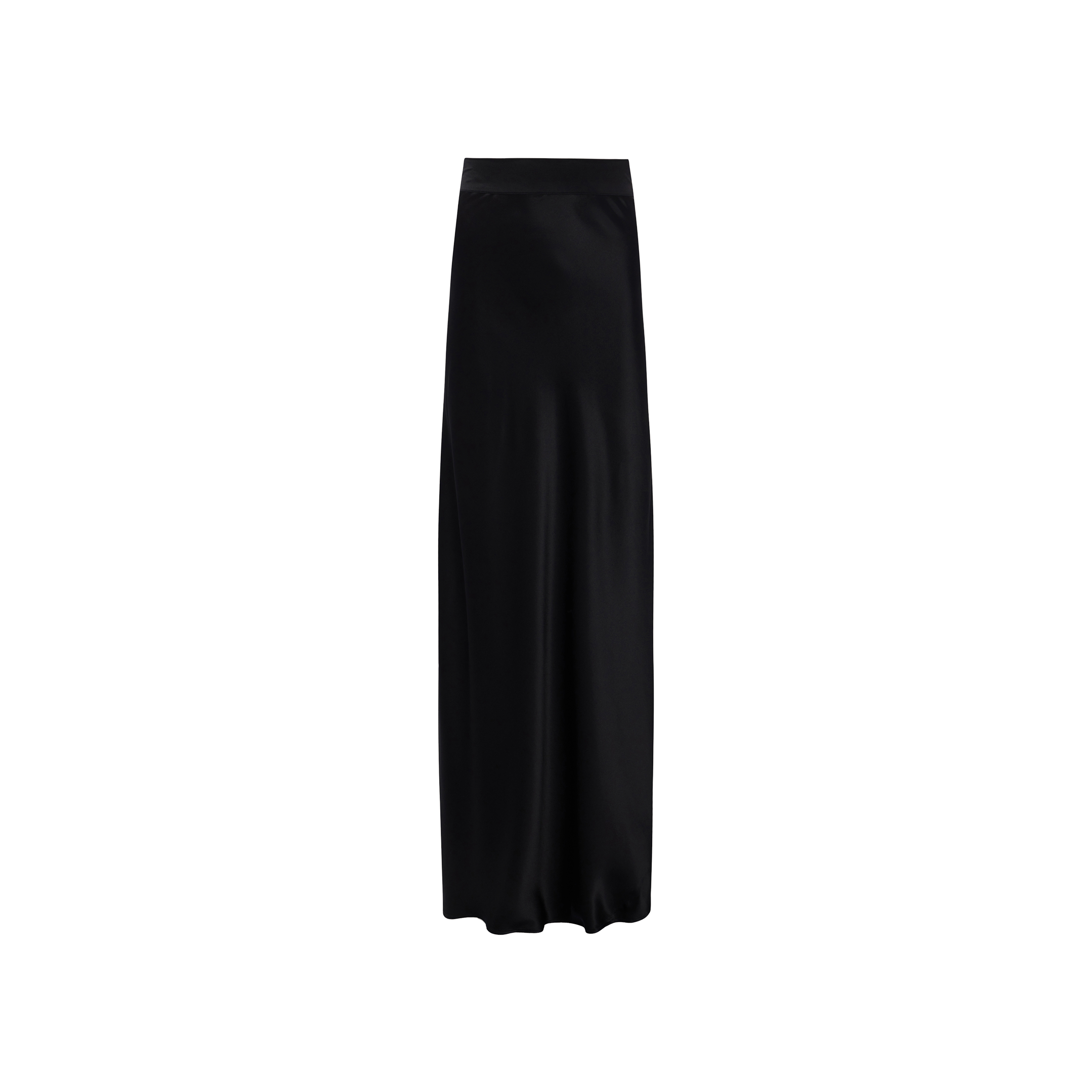 The Ryker Silk Maxi Skirt, a long black high-waisted design with a straight silhouette, exudes minimalist sophistication against a plain white background.