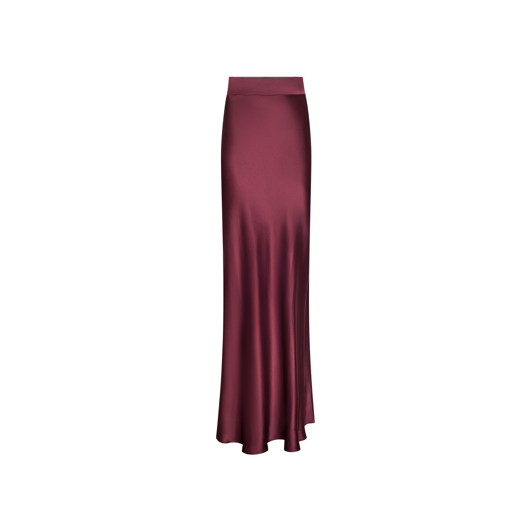 The Ryker Silk Maxi Skirt is a long, high-waisted maxi skirt in deep merlot red satin, featuring a bias cut and a slight flare at the hem, set against a white background.