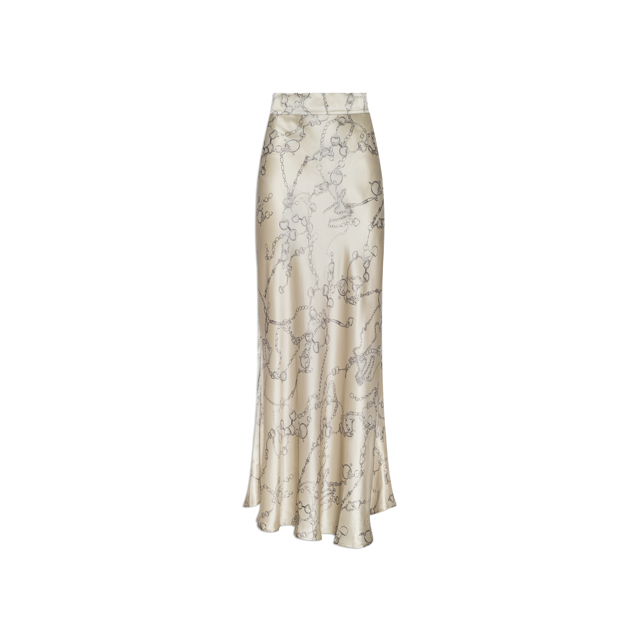 The Ryker Silk Maxi Skirt, a long, high-waisted cream satin piece adorned with a delicate floral pattern, embodies minimalist sophistication and is displayed on a plain white background.