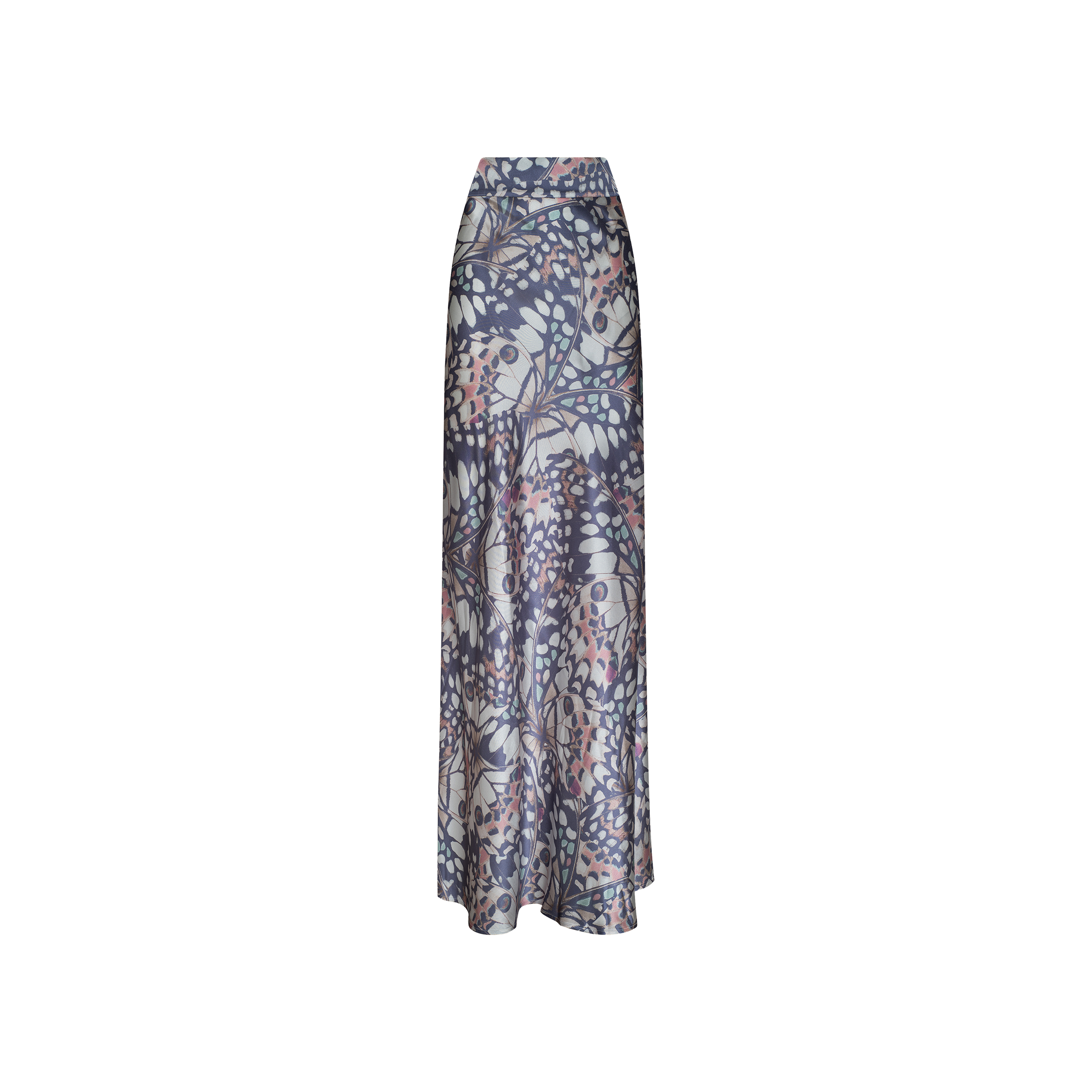 The Ryker Silk Maxi Skirt, a long and flowy pure silk maxi skirt featuring a high waist and a vibrant, intricate floral and leaf pattern in shades of blue, pink, and gray, is displayed on a plain white background.
