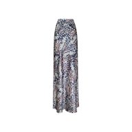 The Ryker Silk Maxi Skirt, a long and flowy pure silk maxi skirt featuring a high waist and a vibrant, intricate floral and leaf pattern in shades of blue, pink, and gray, is displayed on a plain white background.
