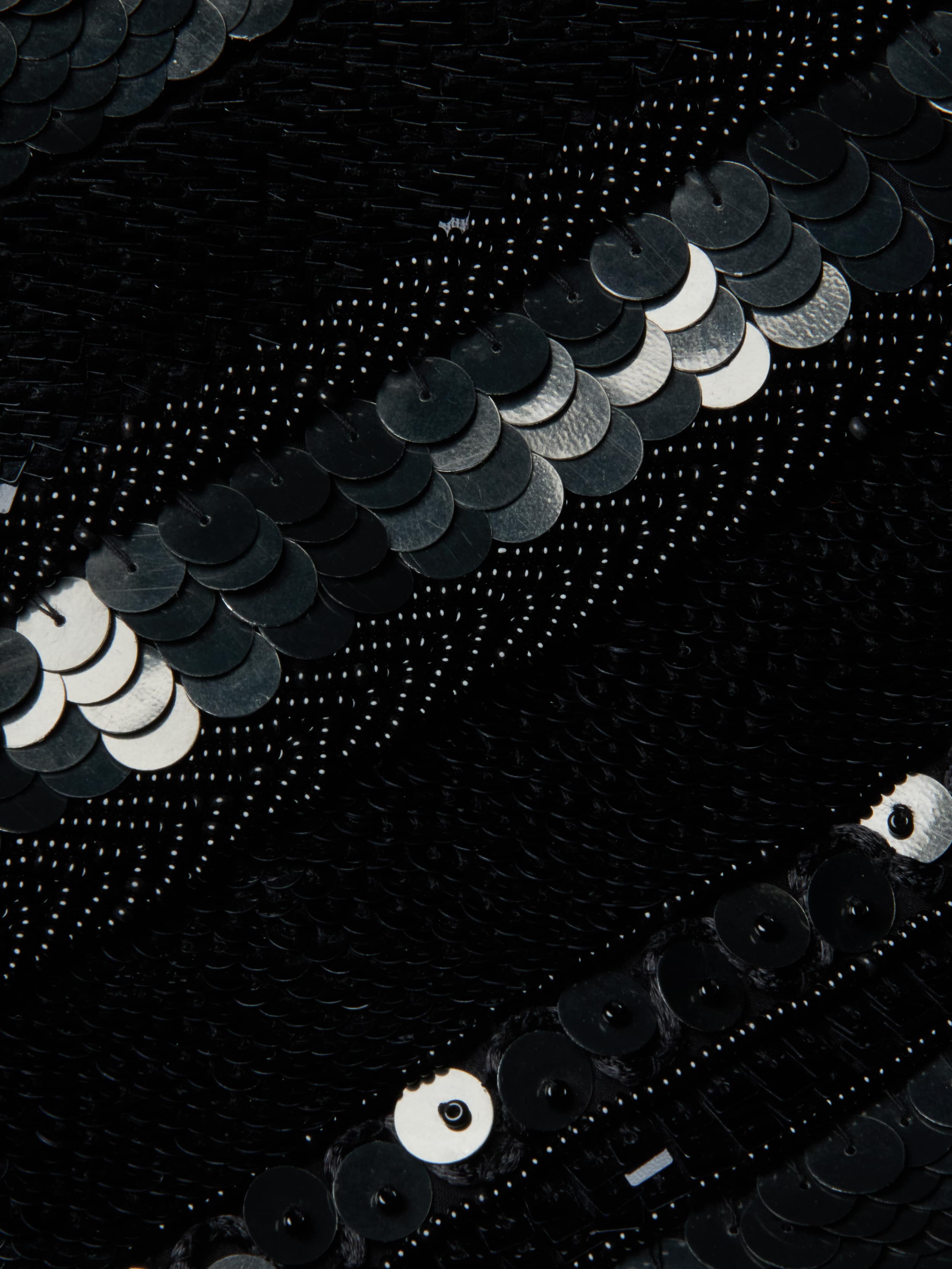 Close-up of black fabric adorned with rows of shiny, round sequins arranged in a striking pattern. The sequins on the Dion Sequin Mini Skirt catch the light, reflecting a blend of dark and metallic hues—making it an ideal choice for a statement piece on your next night out.