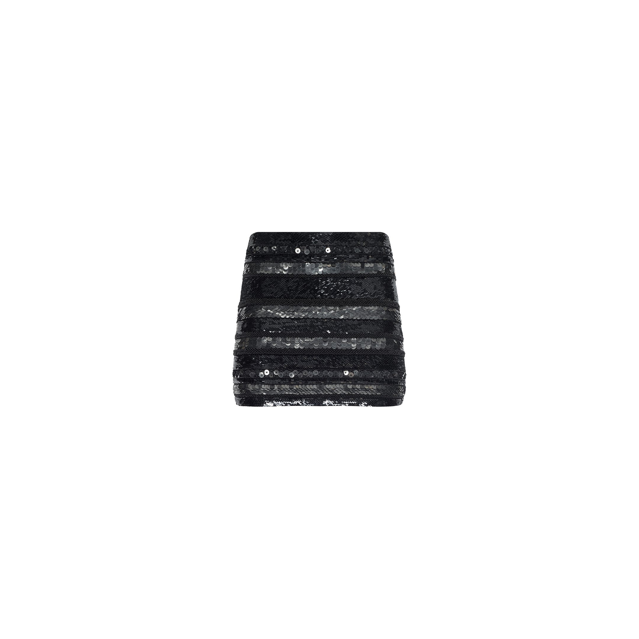 Presenting the Dion Sequin Mini Skirt in black—a statement mini skirt adorned with horizontal sequin stripes and a textured, slightly sheer design. The skirt is showcased against a plain white background.