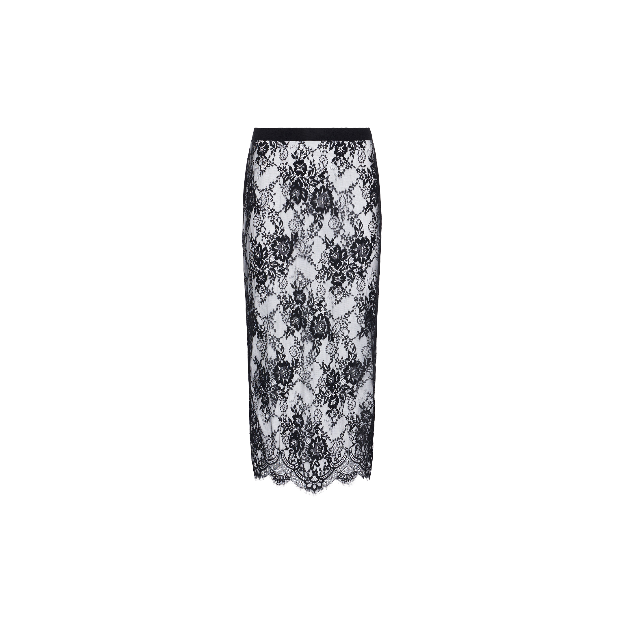 The Makena Lace Pencil Skirt is a knee-length skirt with a black floral lace overlay on white fabric, featuring a scalloped hem and a black waistband, displayed on a plain white background.