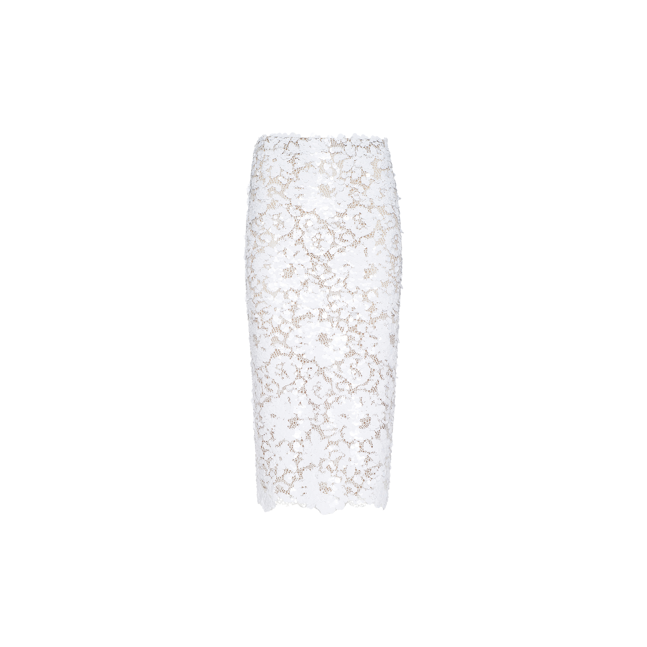 Makena Sequin Pencil Skirt—a white knee-length pencil skirt featuring a floral lace pattern, sheer detailing, and scalloped edges. Perfect for spring fashion and displayed against a plain light background.