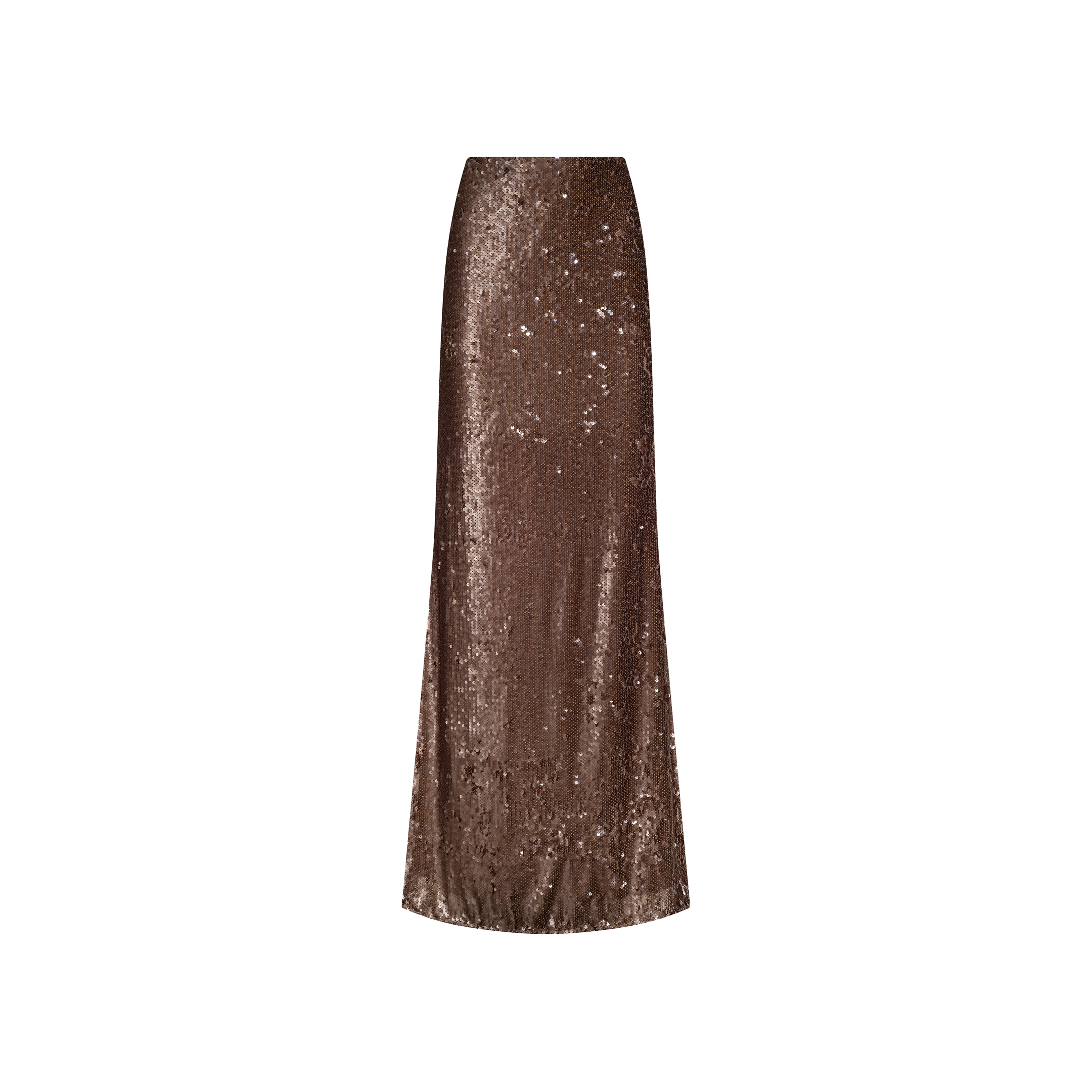 The Zeta Sequin Maxi Skirt by L’AGENCE, featuring a long brown design with a straight silhouette, is displayed against a plain white background.