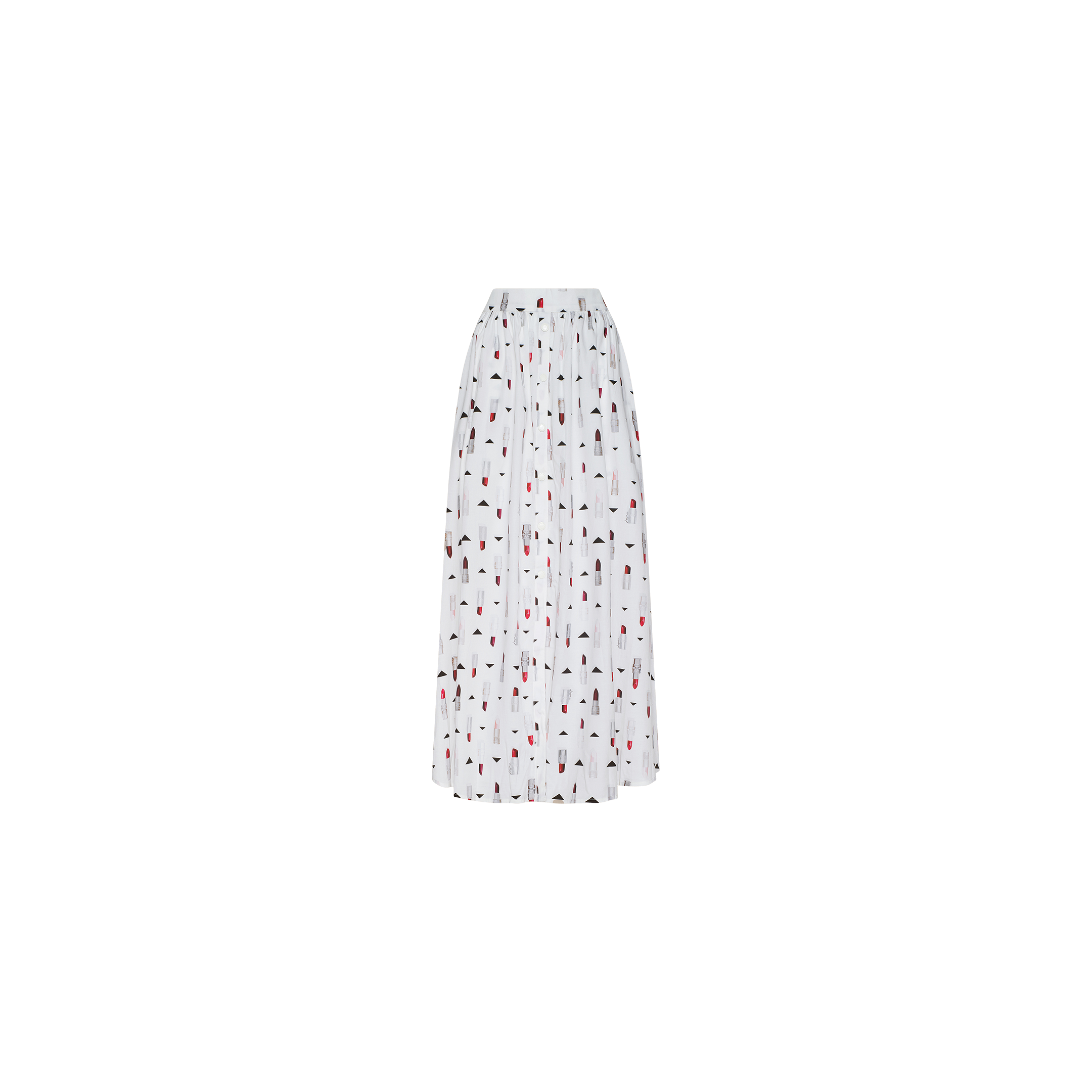 The Seina Poplin Midi Skirt is a white, knee-length design with a gathered waist and features a playful pattern of small black and red geometric shapes scattered evenly across the fabric.
