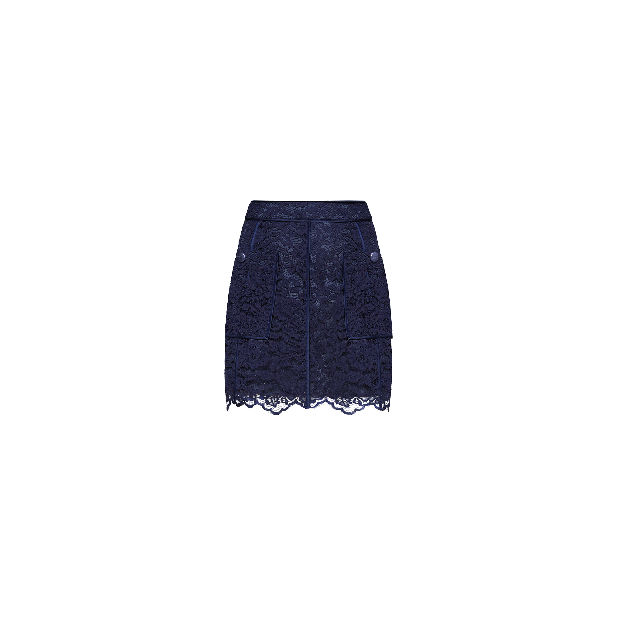 The Riven Lace Mini Skirt in midnight blue showcases a flattering A-line mini silhouette with delicate floral lace, front pockets, button details, and a scalloped hem, displayed on a plain white background.